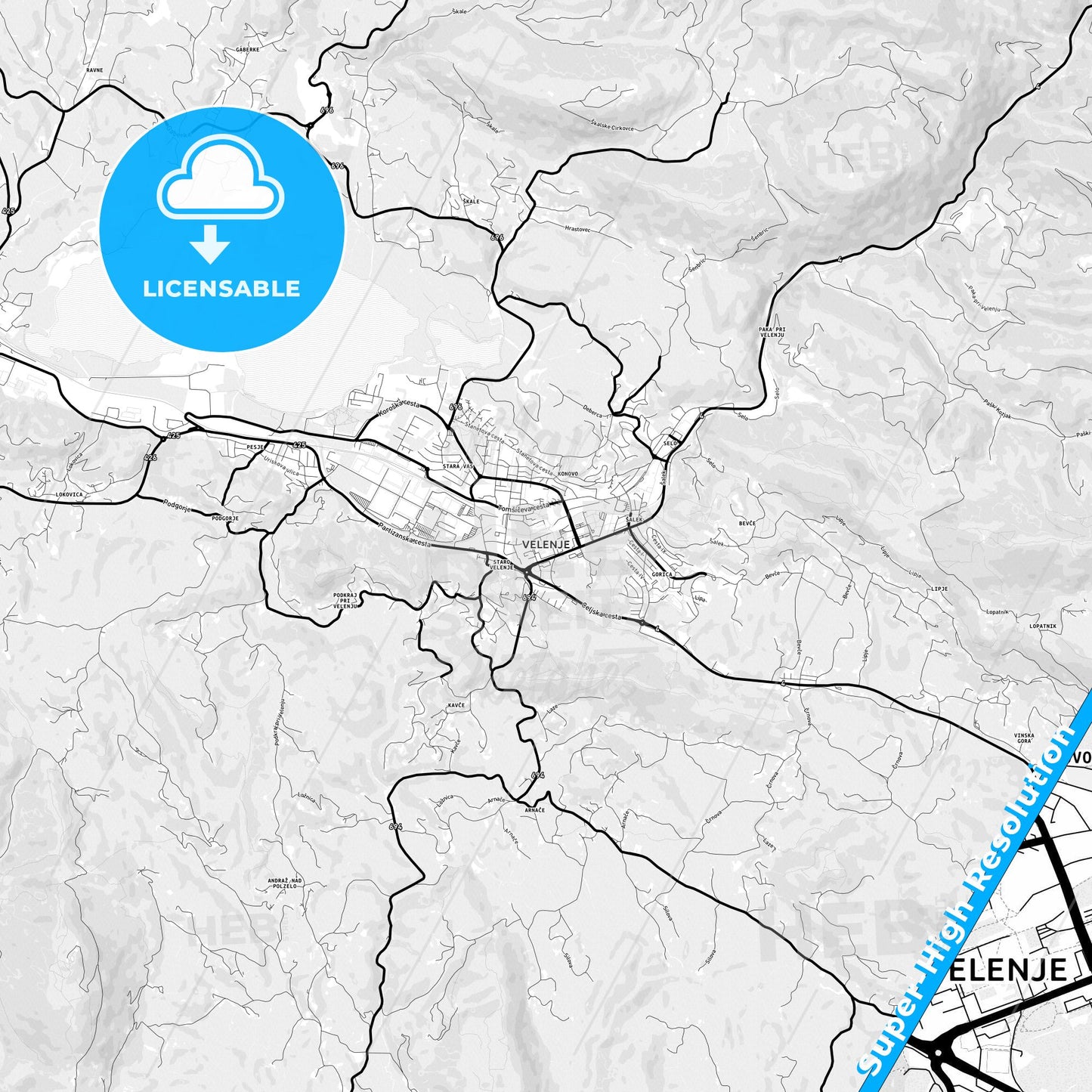 Velenje, Slovenia Light Map with Street Names, City Names, and Districts