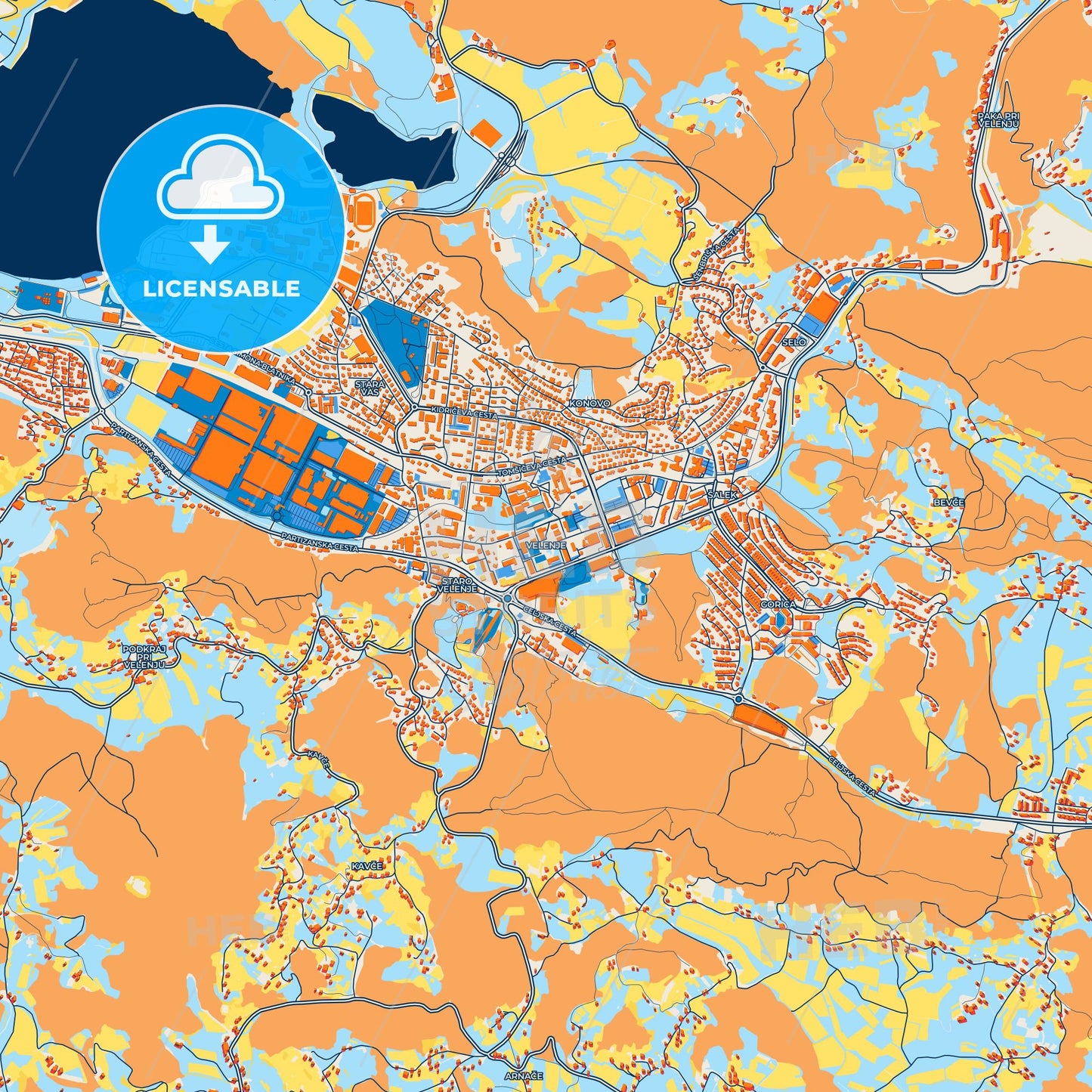 Colorful Velenje Street Map with Labels and Buildings