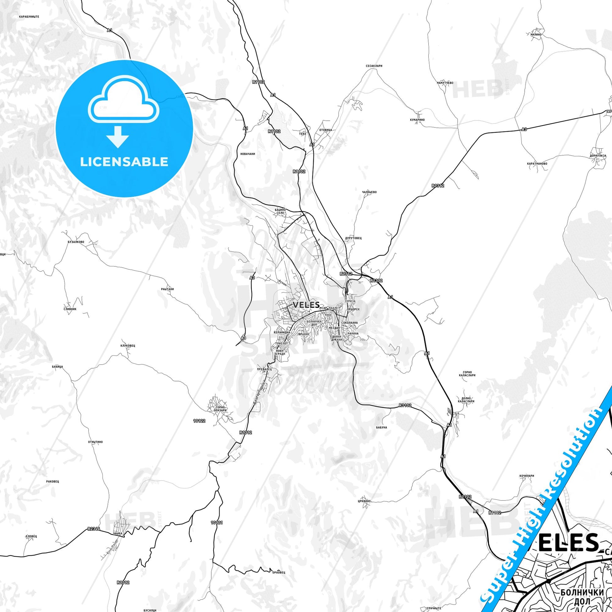 Veles, North Macedonia light map with streetnames, citynames and districts
