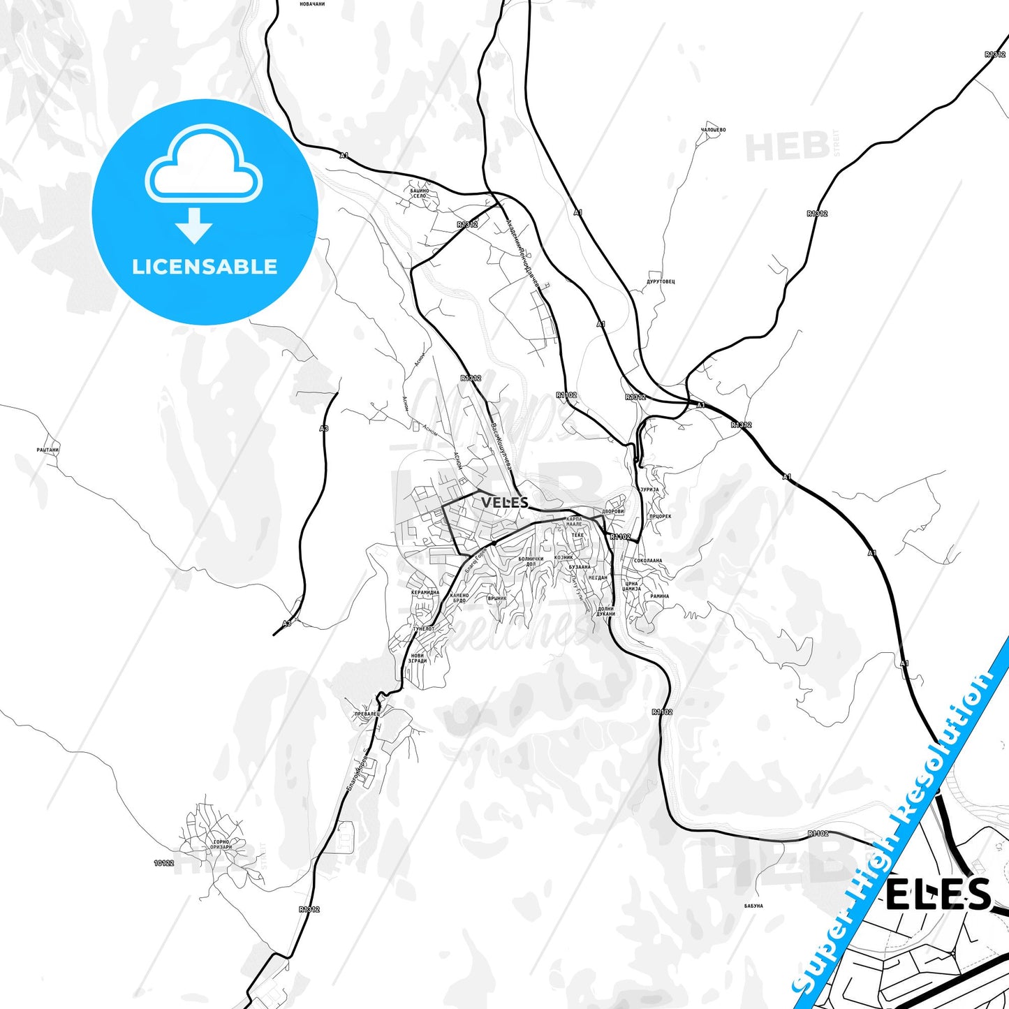 Veles, North Macedonia Light Map with Street Names, City Names, and Districts