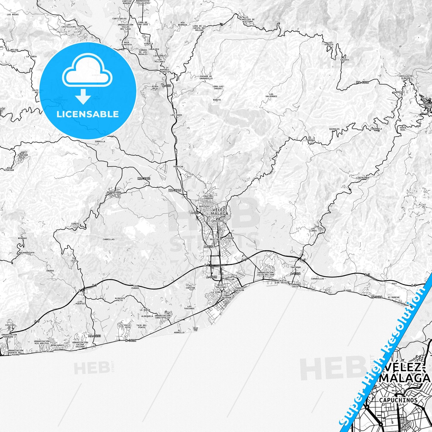 Vélez-Málaga, Spain light map with streetnames, citynames and districts