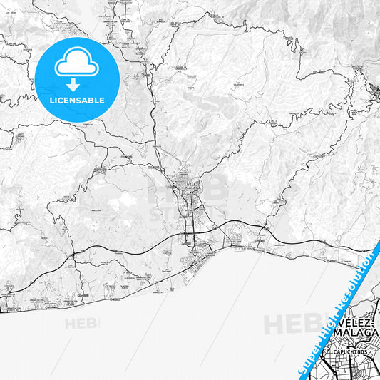 Vélez-Málaga, Spain light map with streetnames, citynames and districts
