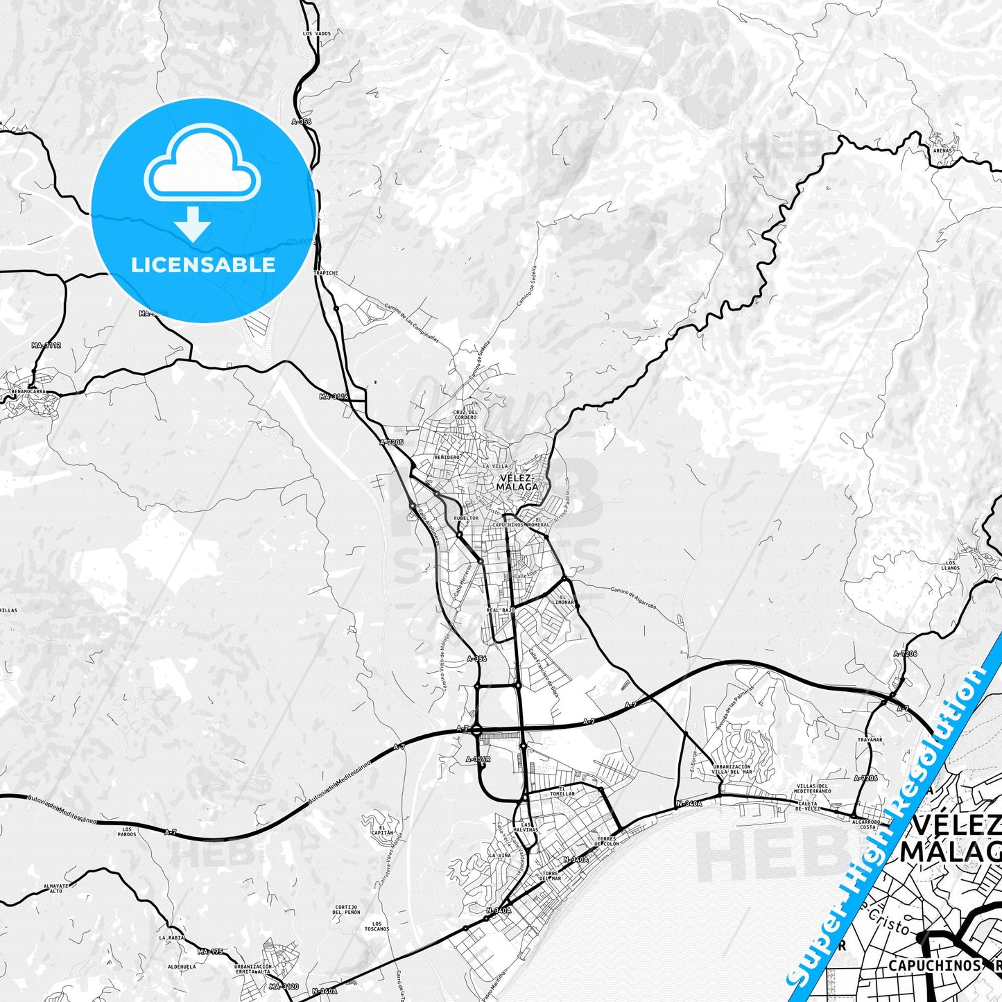 Vélez-Málaga, Spain Light Map with Street Names, City Names, and Districts