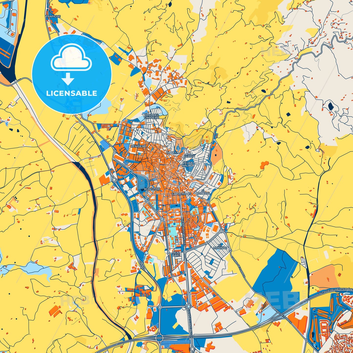 Colorful Vélez-Málaga Street Map with Labels and Buildings