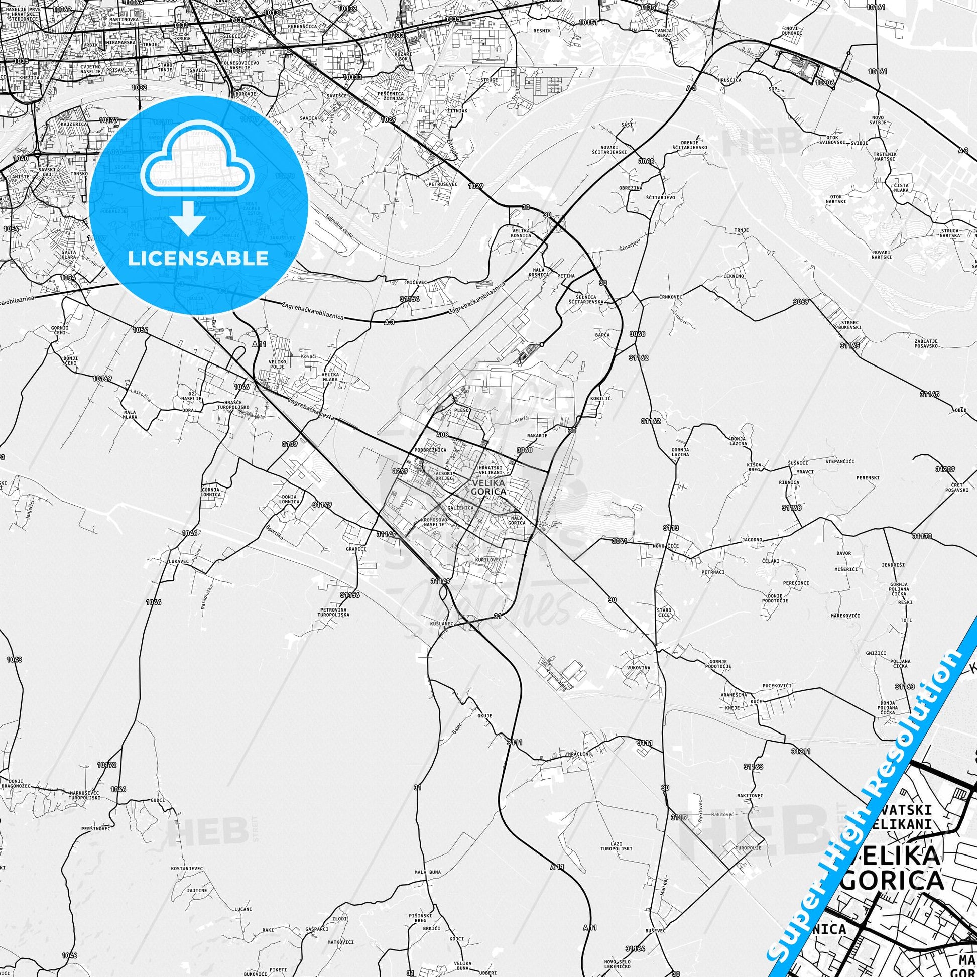 Velika Gorica, Croatia light map with streetnames, citynames and districts