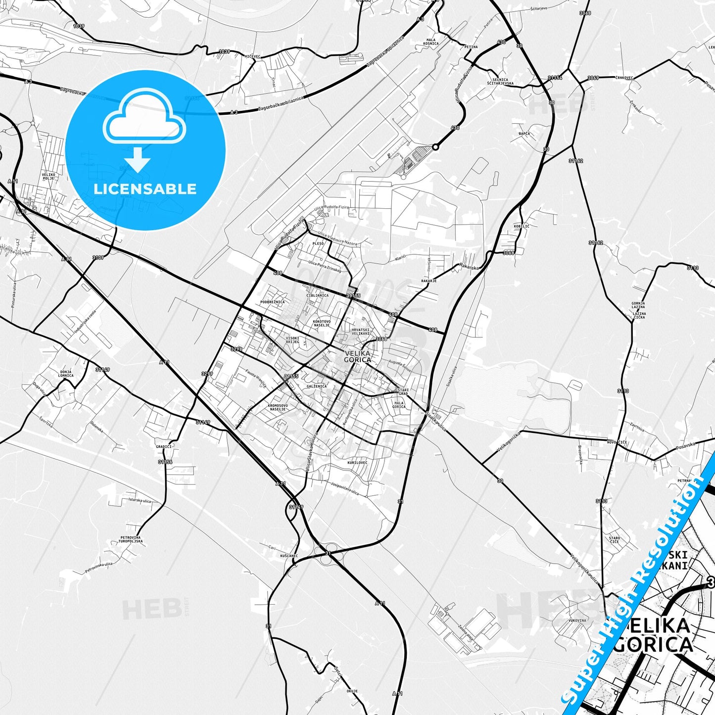 Velika Gorica, Croatia Light Map with Street Names, City Names, and Districts