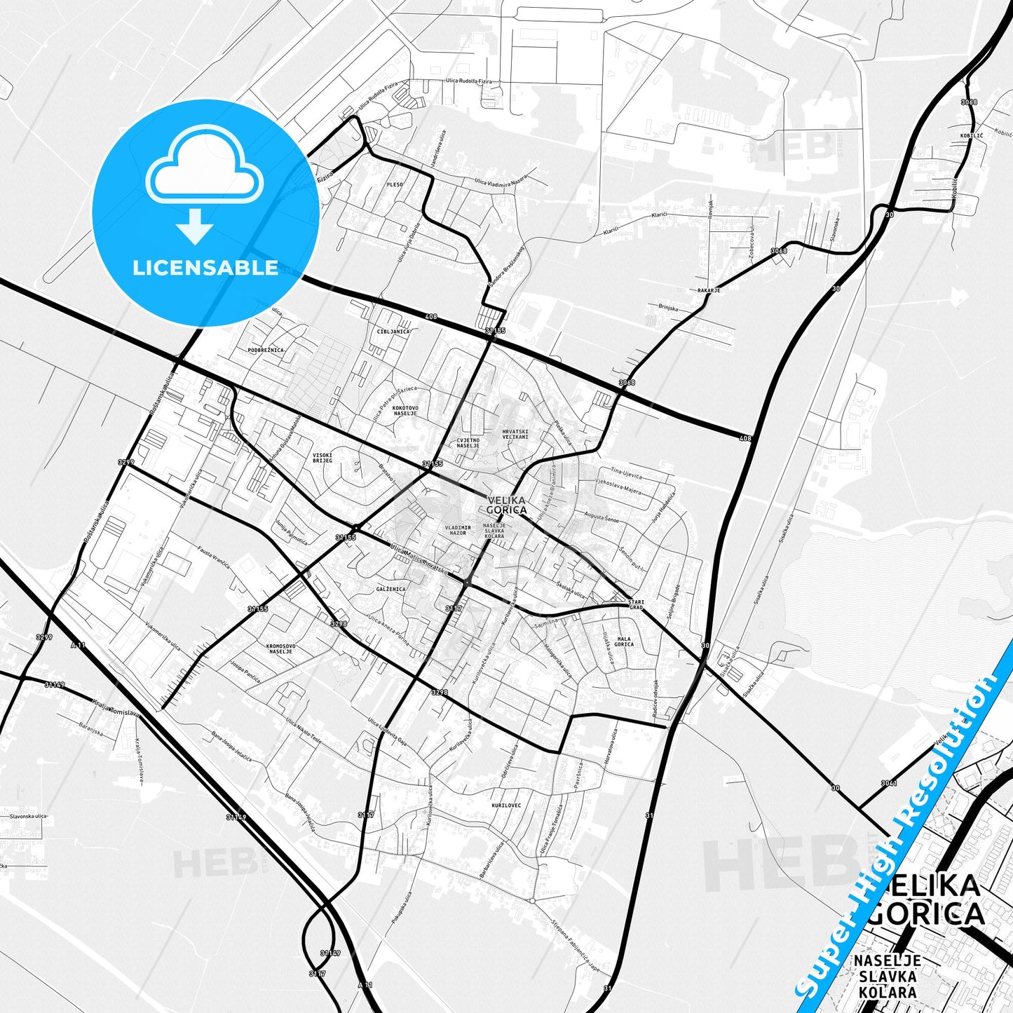 Velika Gorica, Croatia Light Map with Street Names, City Names, and Districts