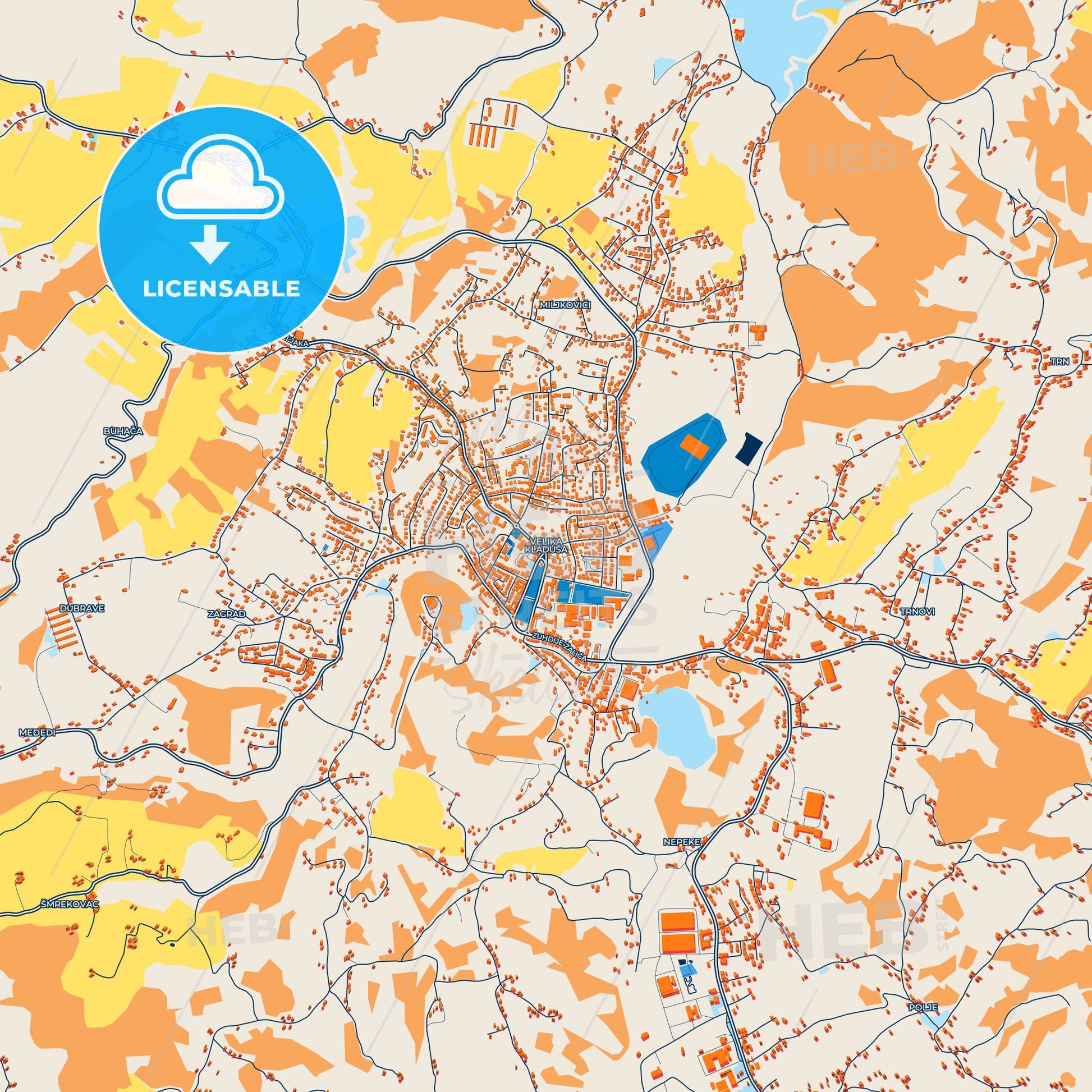 Colorful Velika Kladuša Street Map with Labels and Buildings