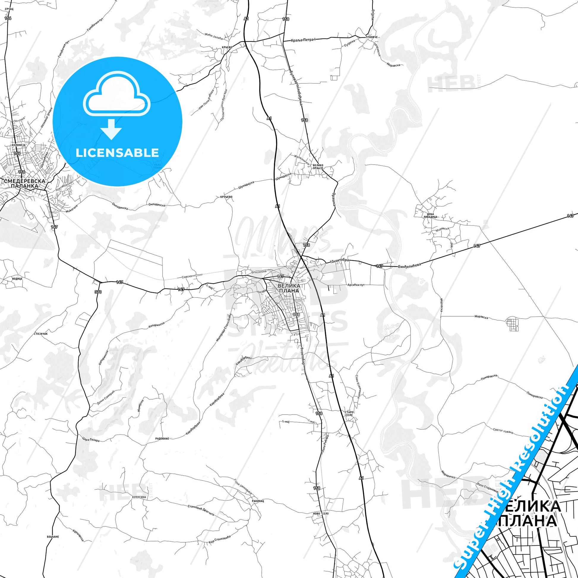 Velika Plana, Serbia light map with streetnames, citynames and districts