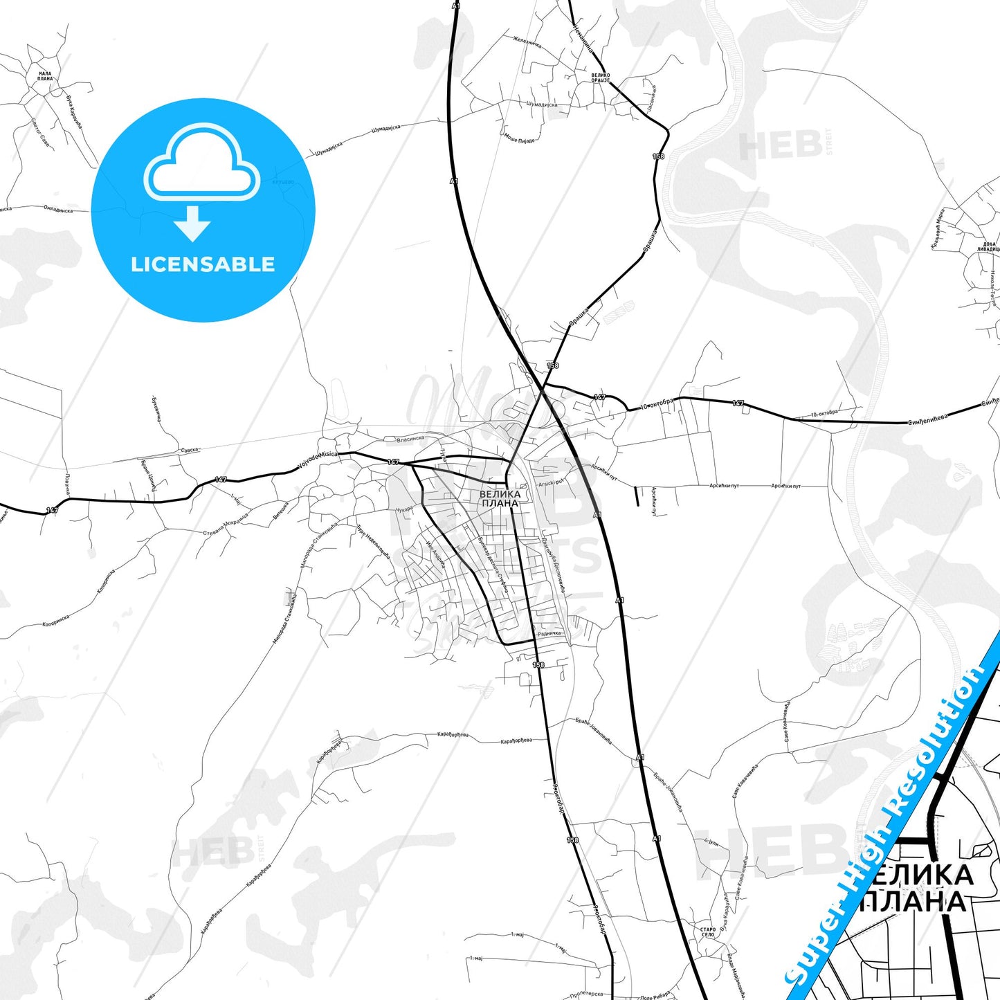 Velika Plana, Serbia Light Map with Street Names, City Names, and Districts