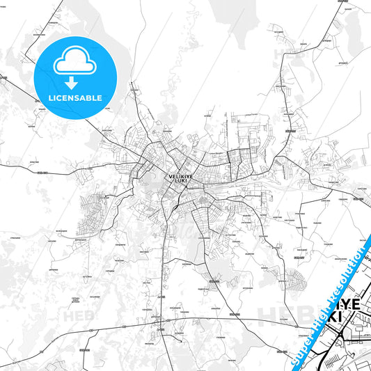 Velikiye Luki, Russia light map with streetnames, citynames and districts