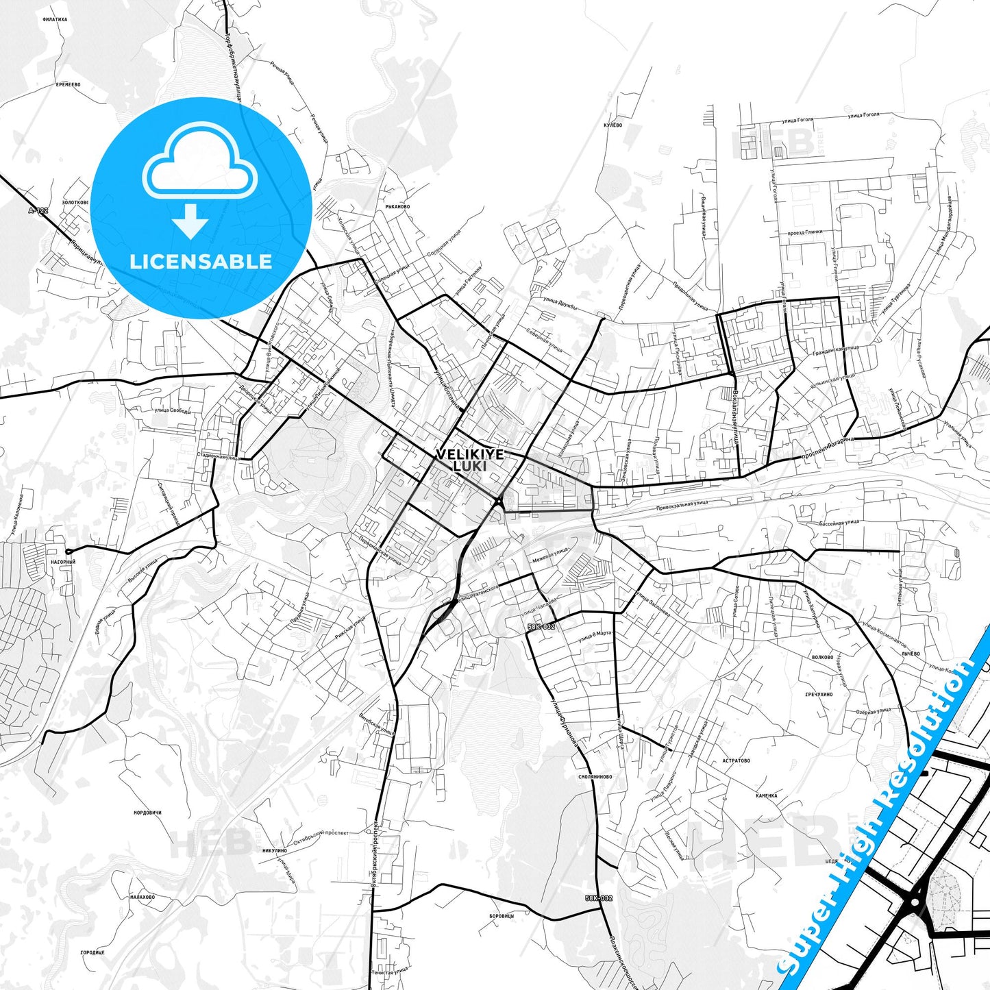 Velikiye Luki, Russia Light Map with Street Names, City Names, and Districts