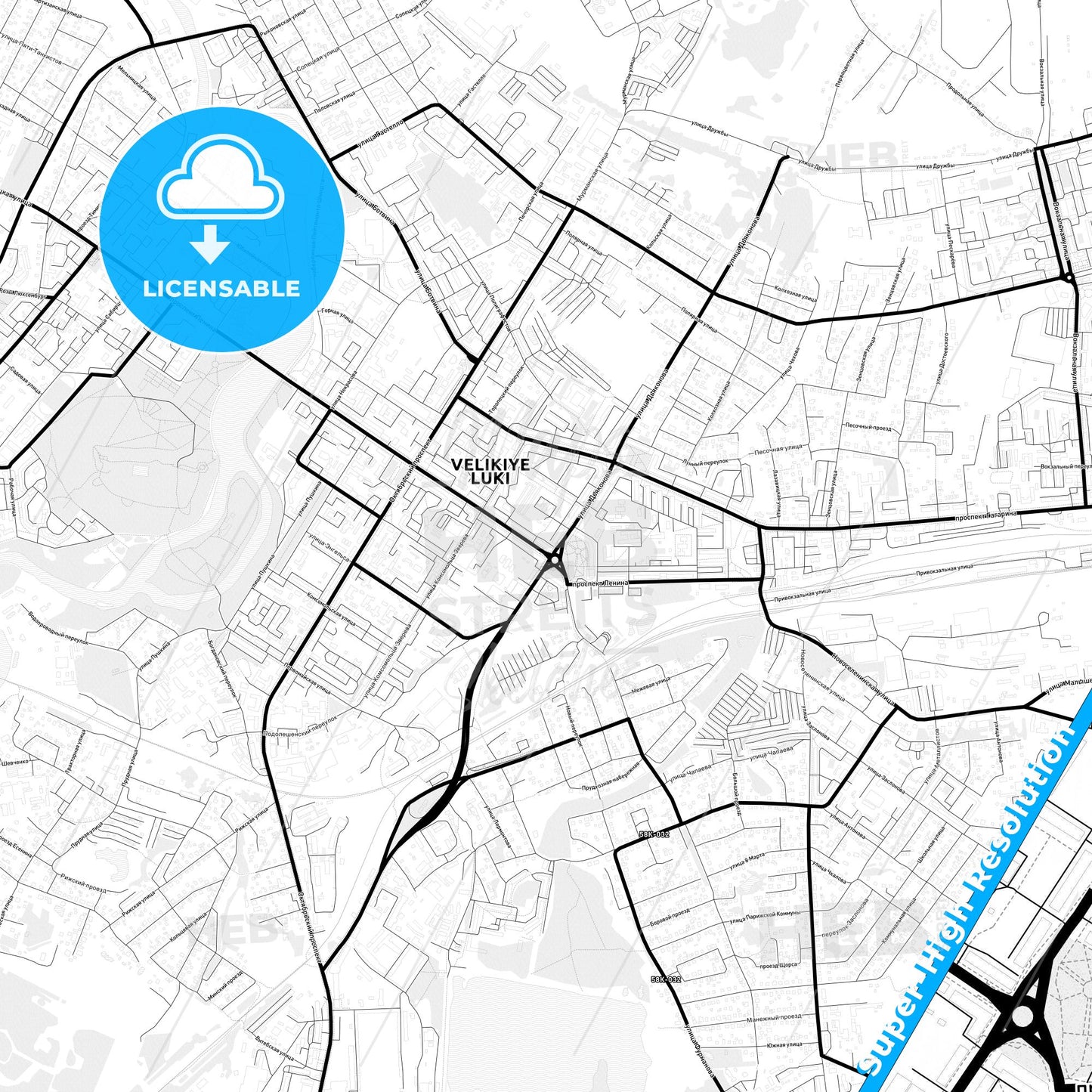 Velikiye Luki, Russia Light Map with Street Names, City Names, and Districts