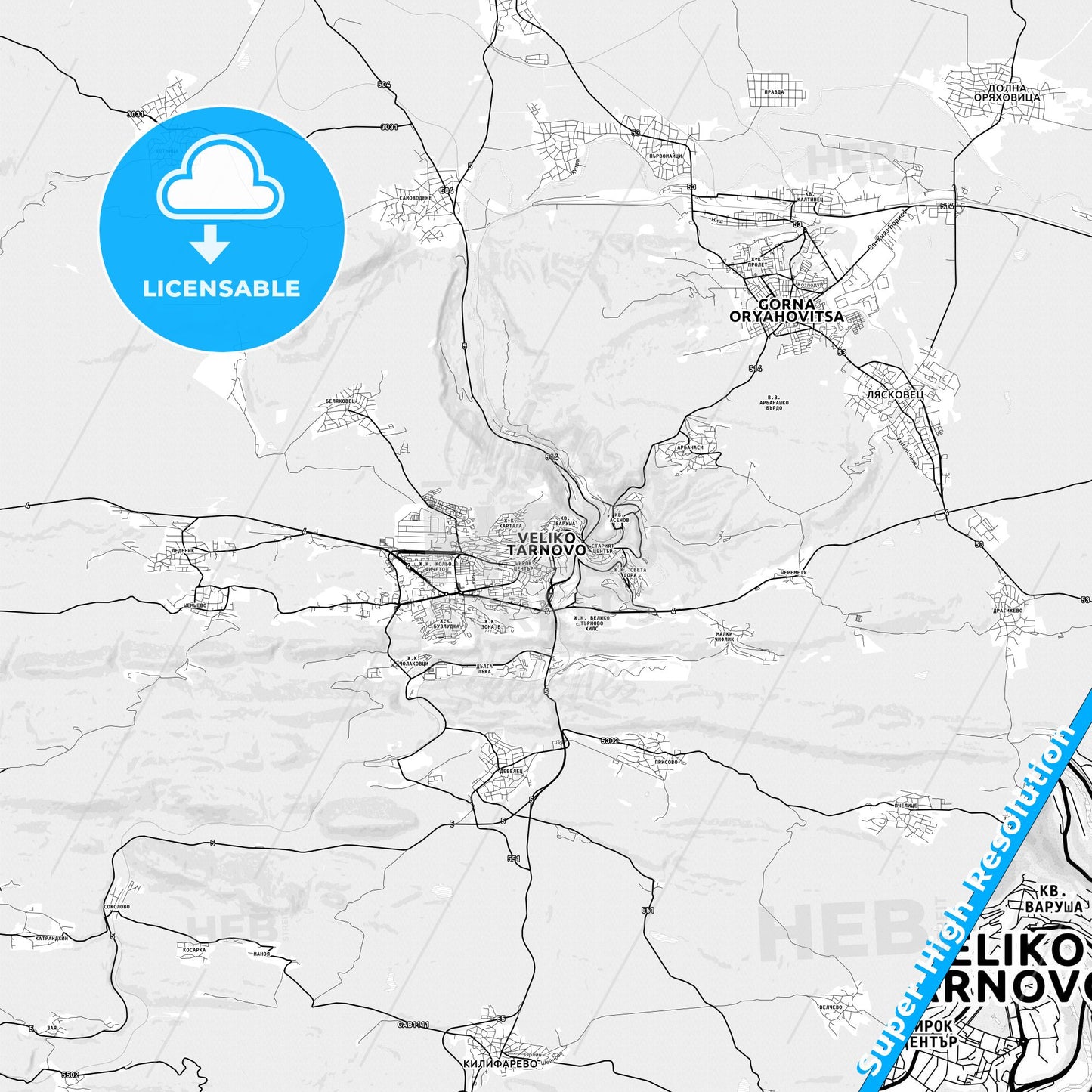 Veliko Tarnovo, Bulgaria light map with streetnames, citynames and districts