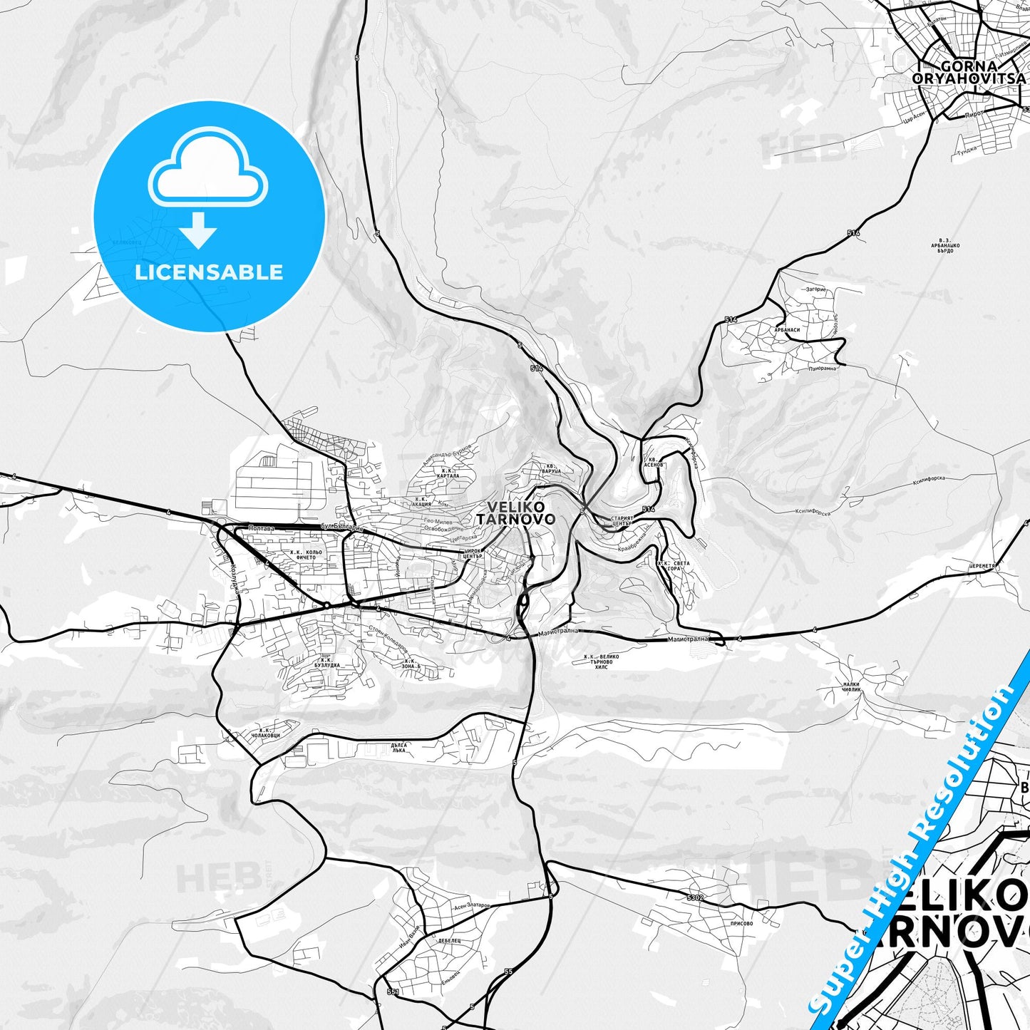 Veliko Tarnovo, Bulgaria Light Map with Street Names, City Names, and Districts