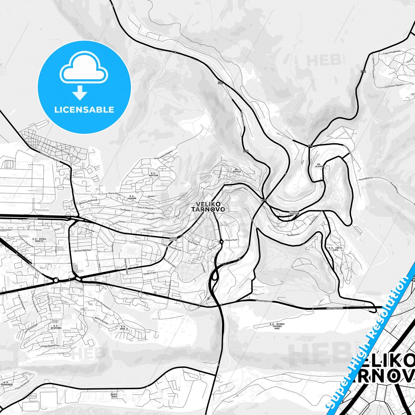 Veliko Tarnovo, Bulgaria Light Map with Street Names, City Names, and Districts