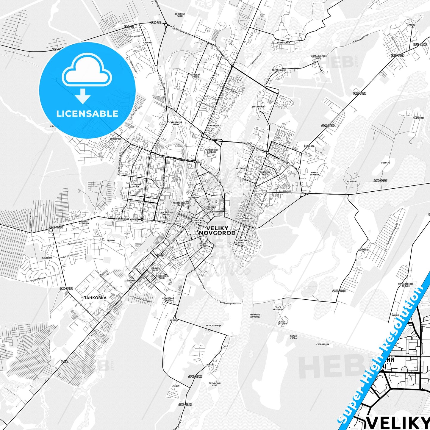 Veliky Novgorod, Russia light map with streetnames, citynames and districts