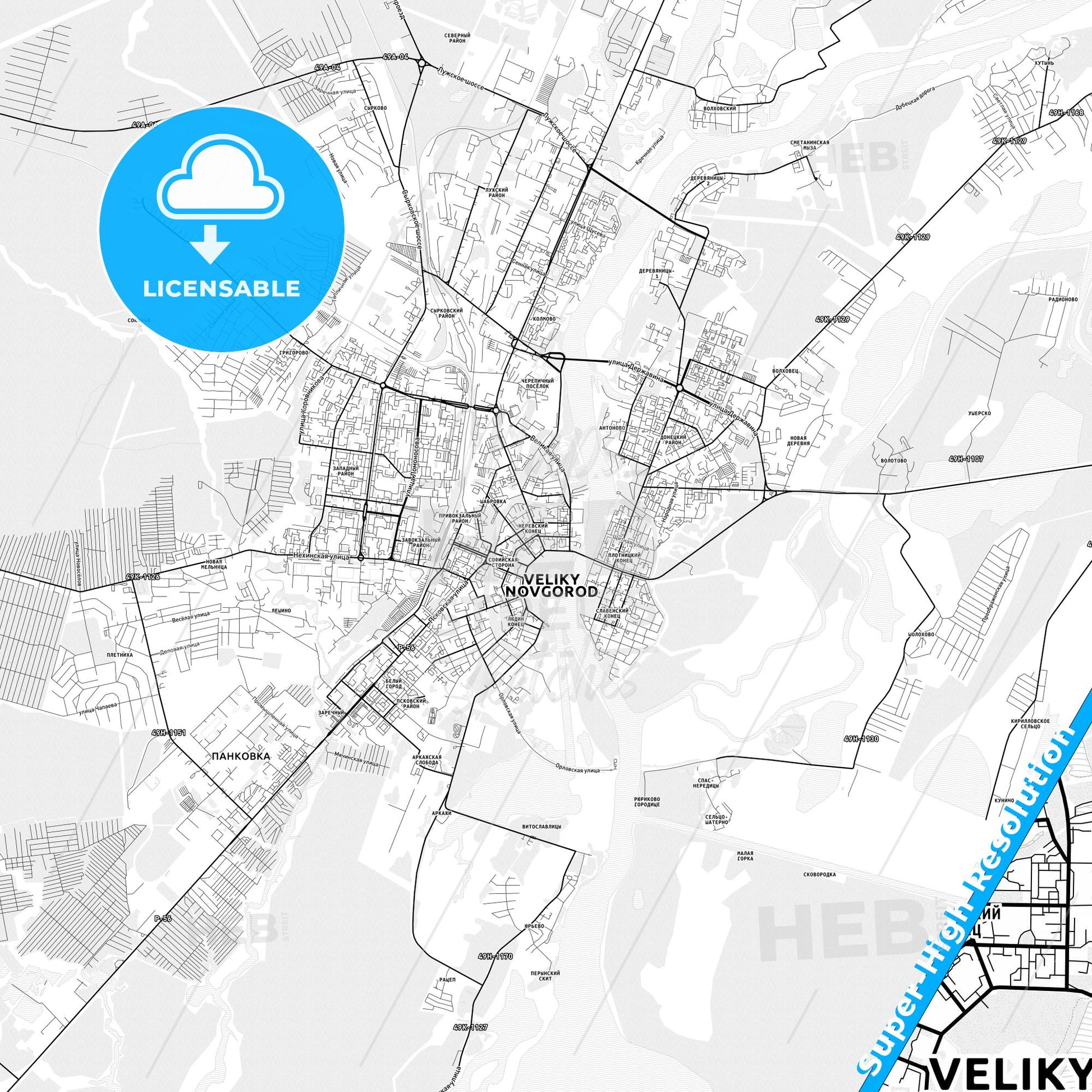 Veliky Novgorod, Russia light map with streetnames, citynames and districts
