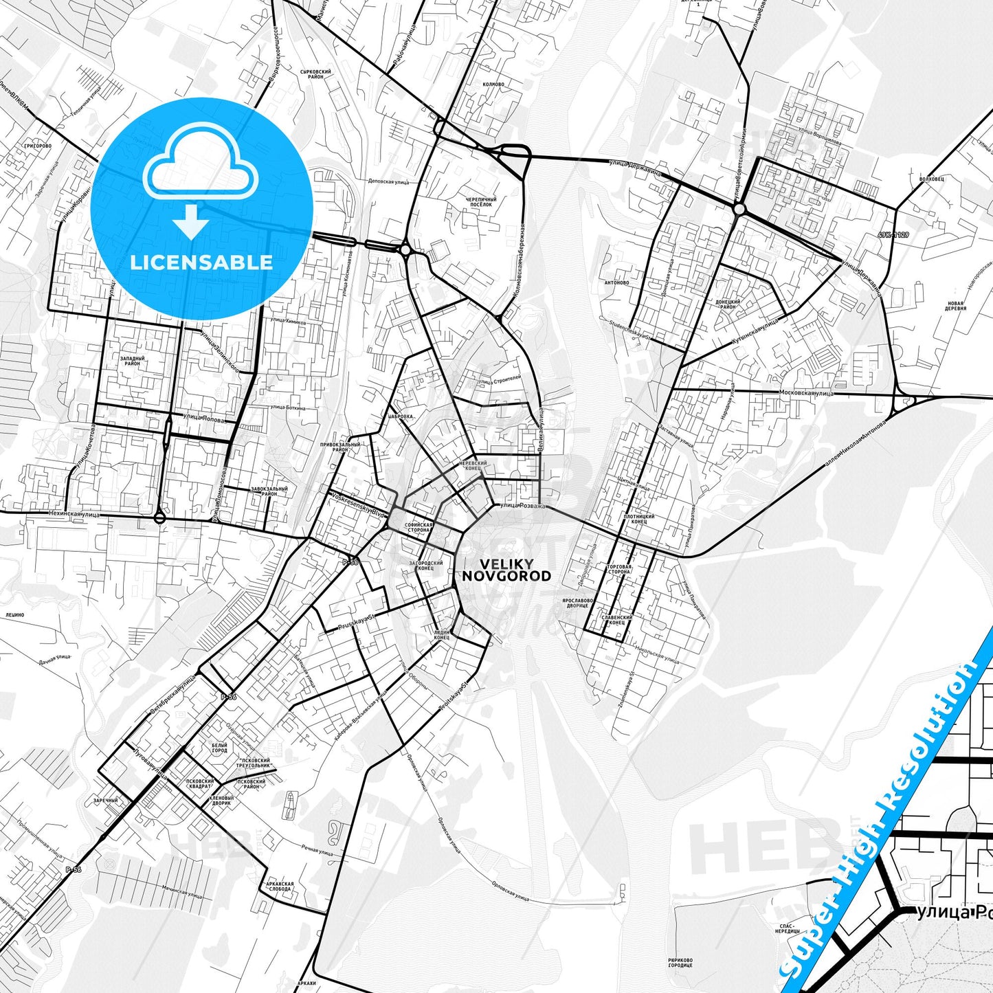 Veliky Novgorod, Russia Light Map with Street Names, City Names, and Districts