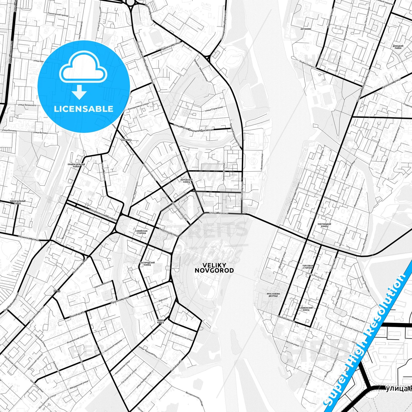 Veliky Novgorod, Russia Light Map with Street Names, City Names, and Districts