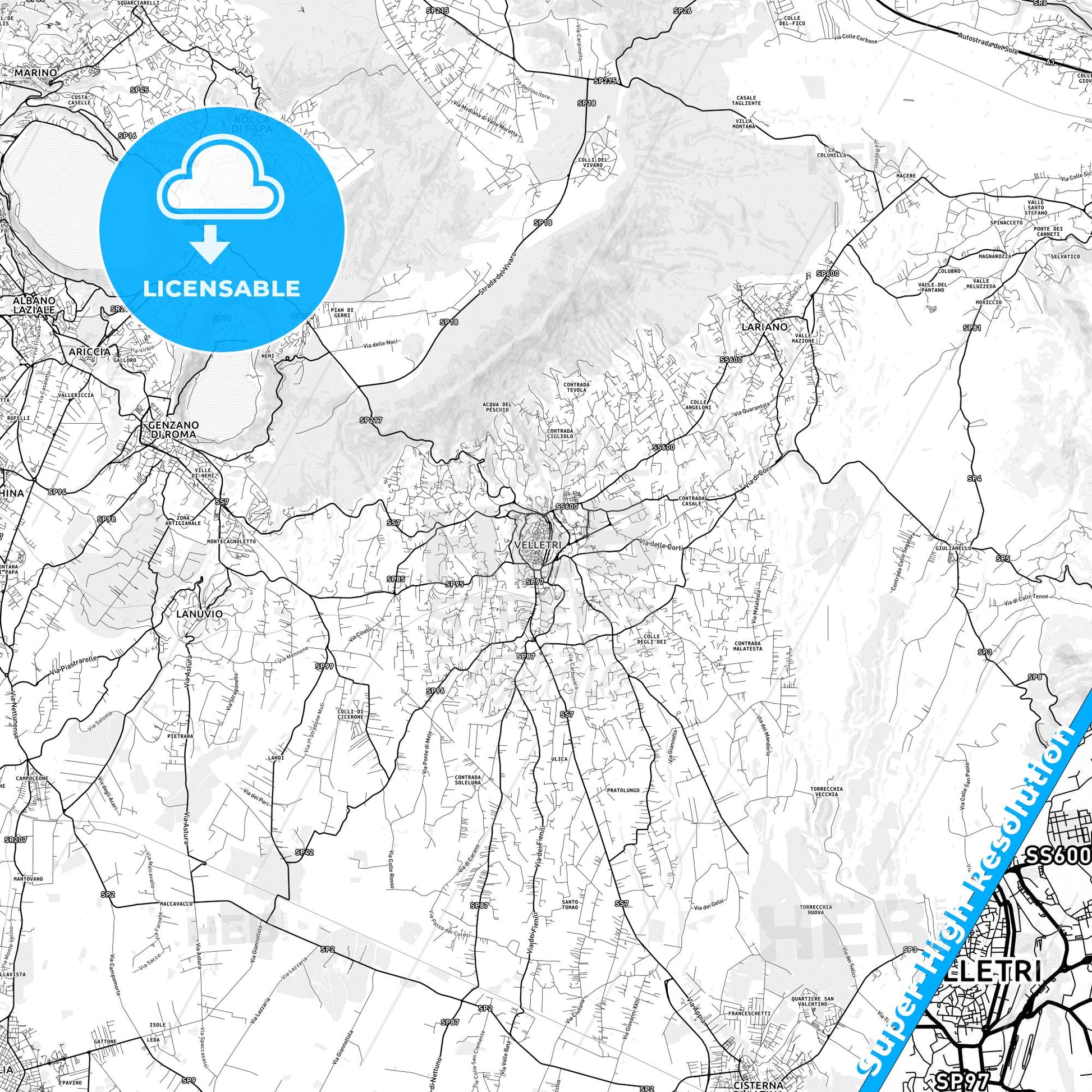 Velletri, Italy light map with streetnames, citynames and districts