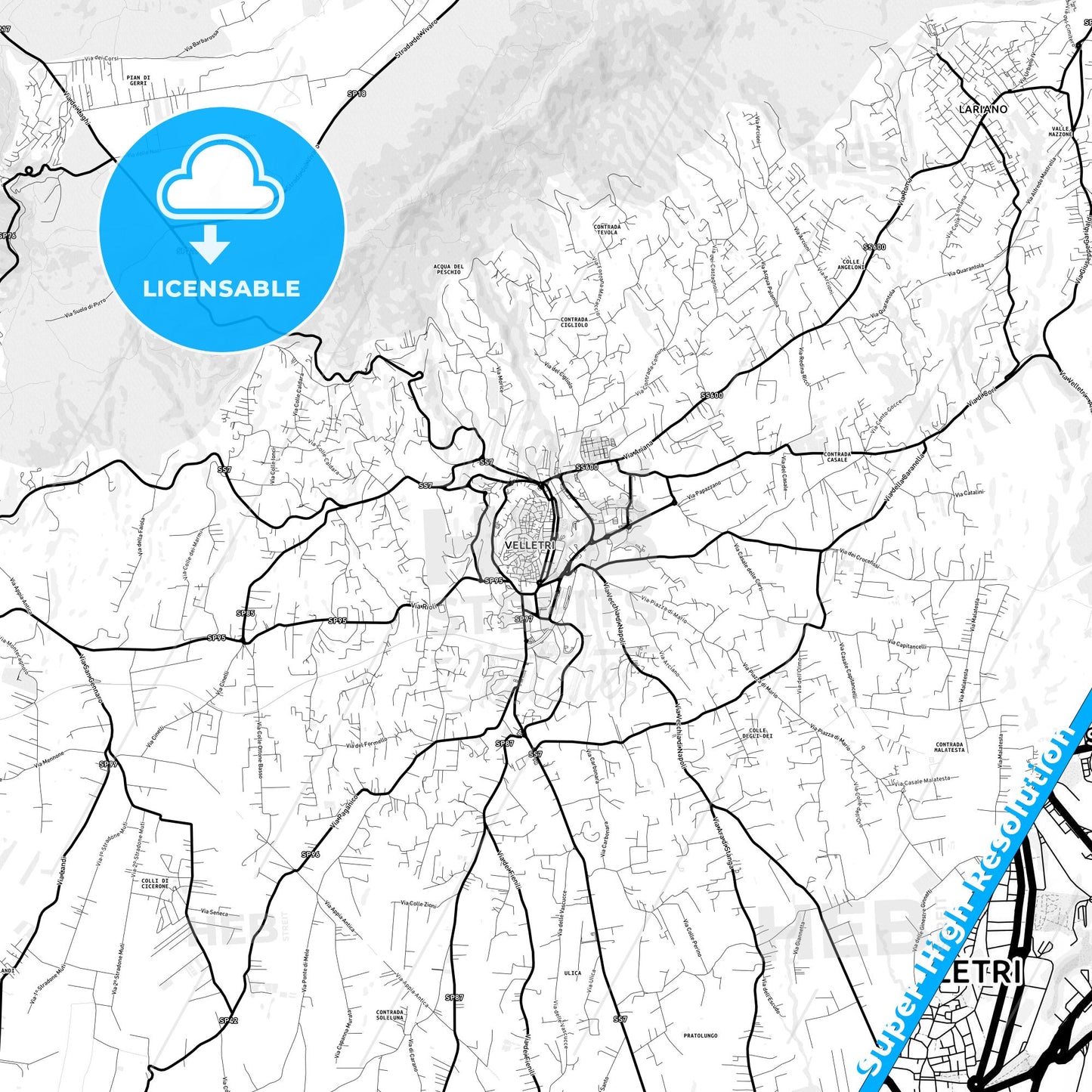 Velletri, Italy Light Map with Street Names, City Names, and Districts