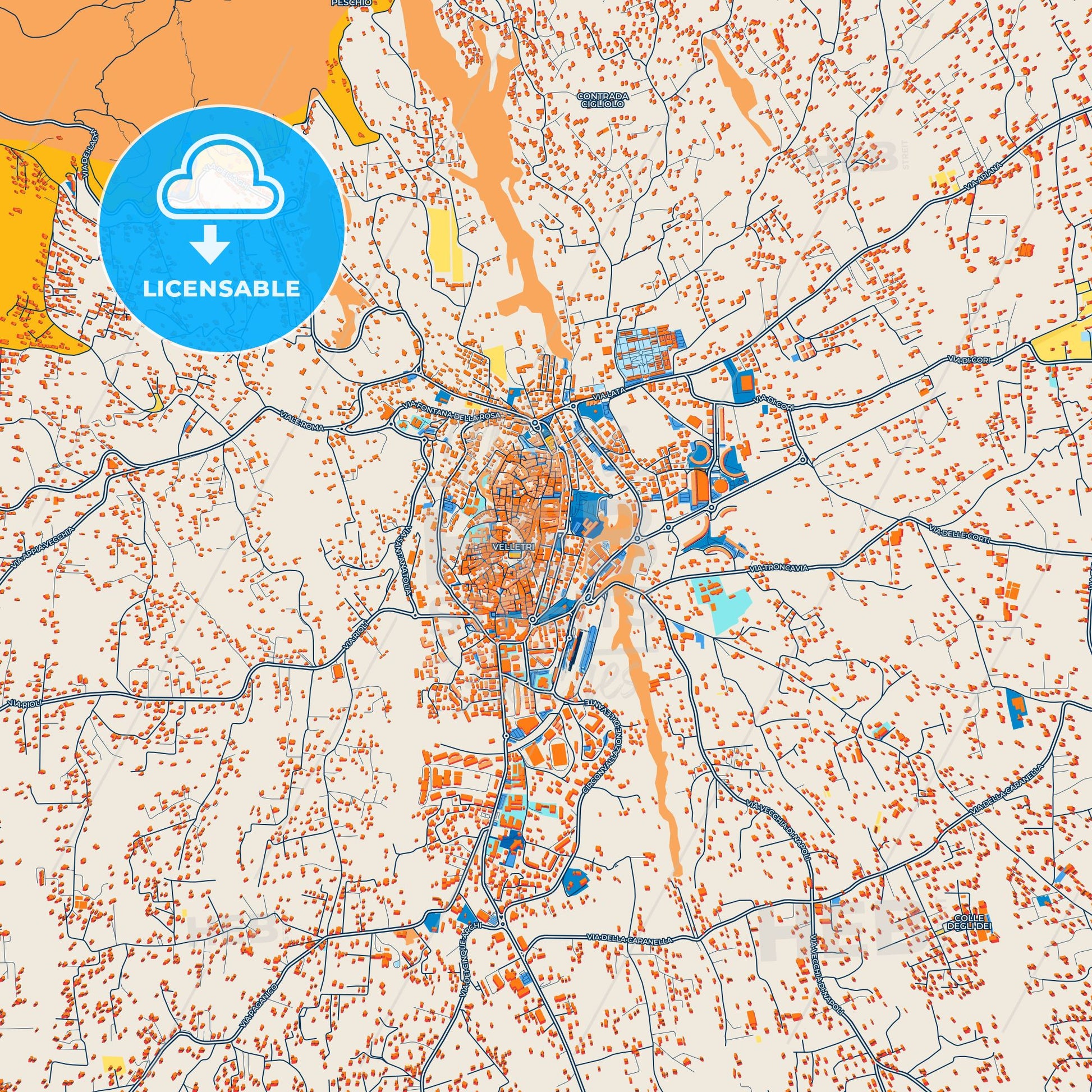Colorful Velletri Street Map with Labels and Buildings
