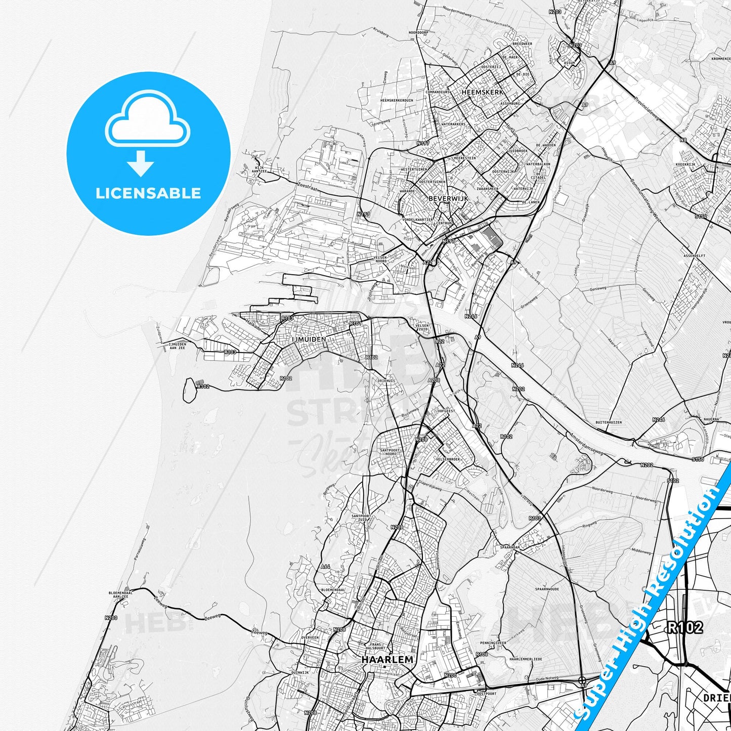 Velsen, Netherlands light map with streetnames, citynames and districts