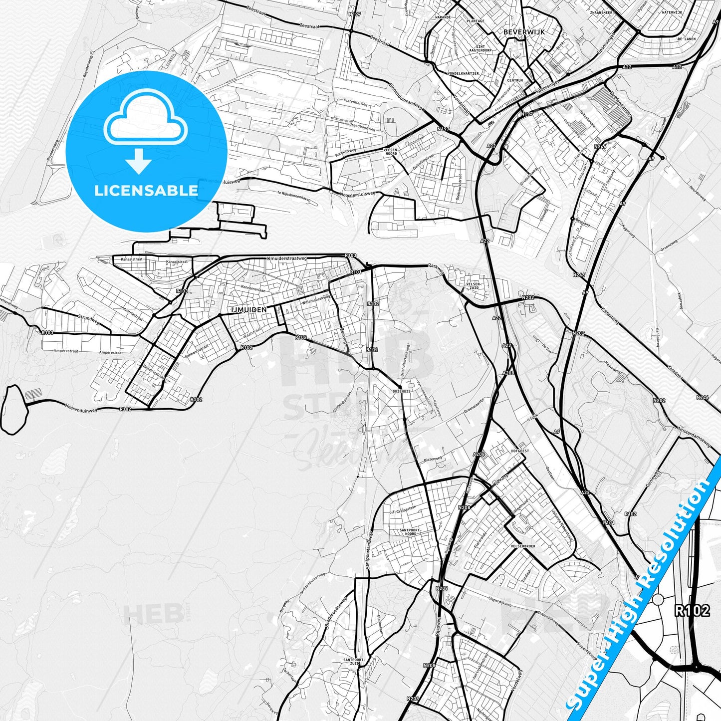 Velsen, Netherlands Light Map with Street Names, City Names, and Districts