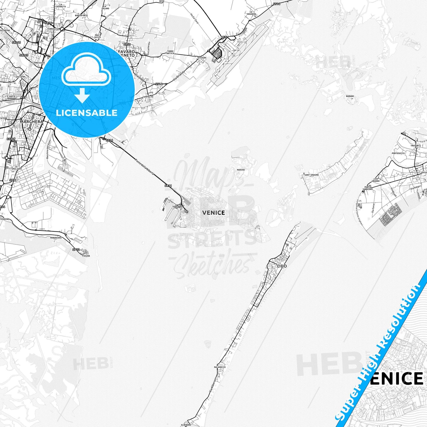Venice, Italy light map with streetnames, citynames and districts