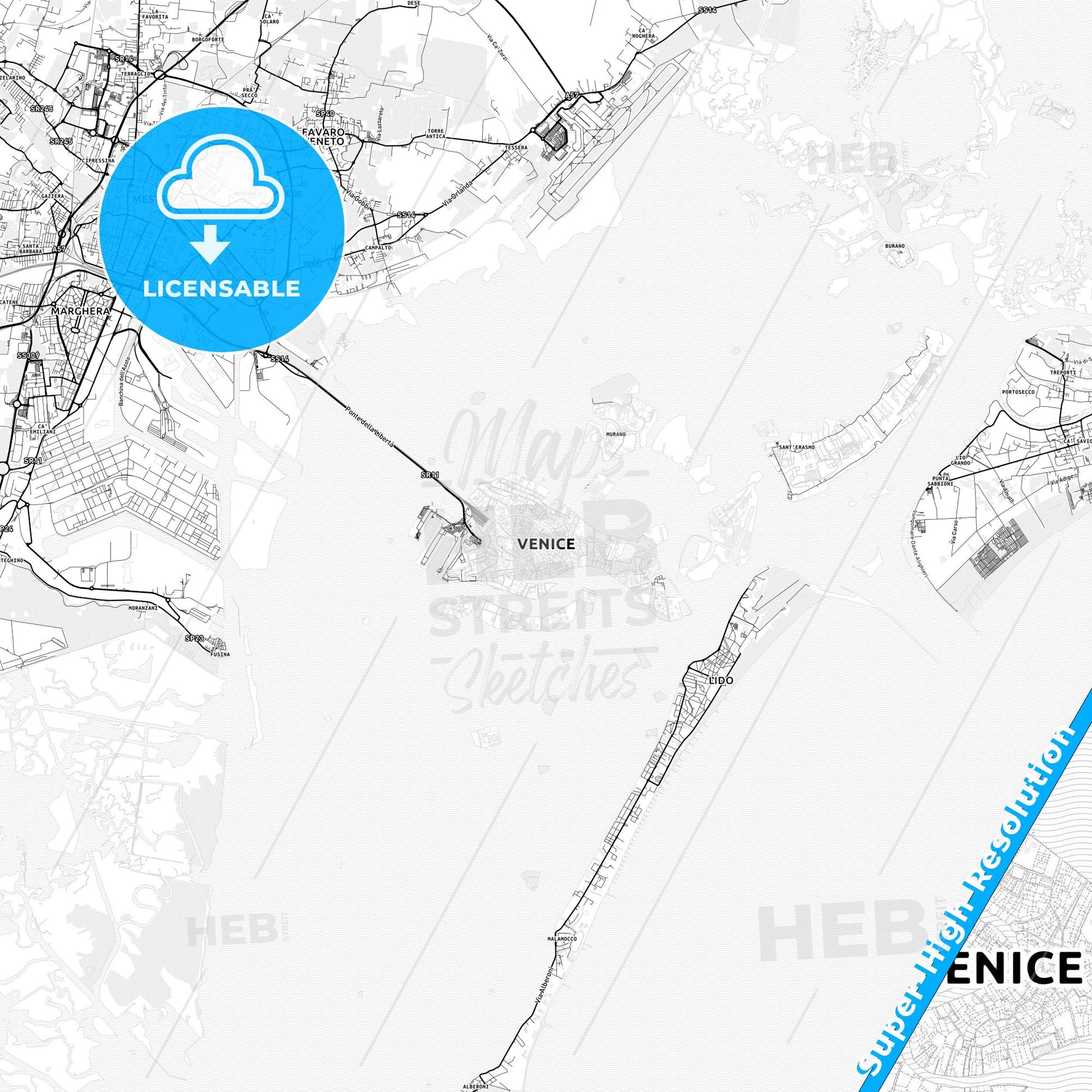 Venice, Italy light map with streetnames, citynames and districts