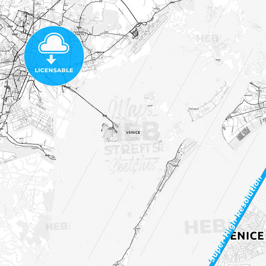 Venice, Italy light map with streetnames, citynames and districts