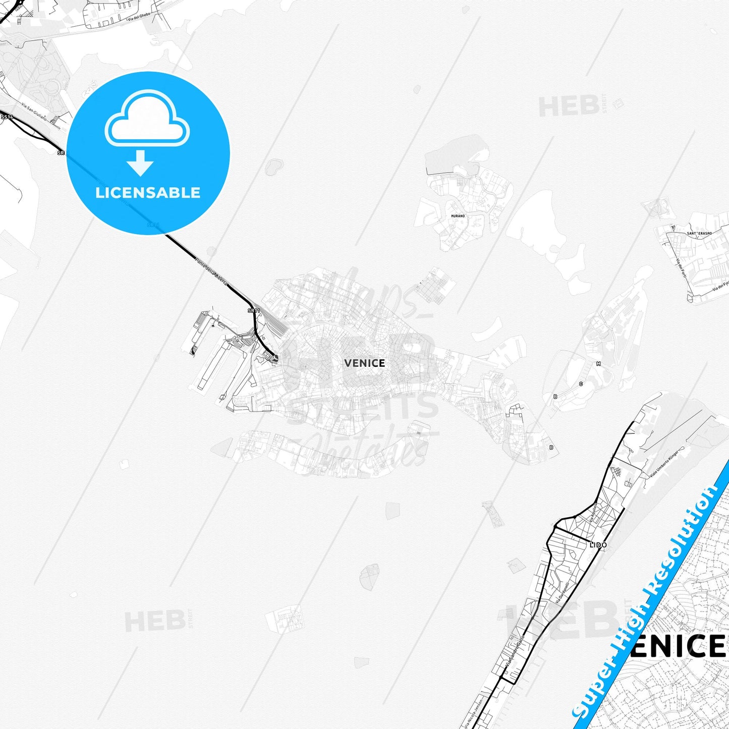 Venice, Italy Light Map with Street Names, City Names, and Districts