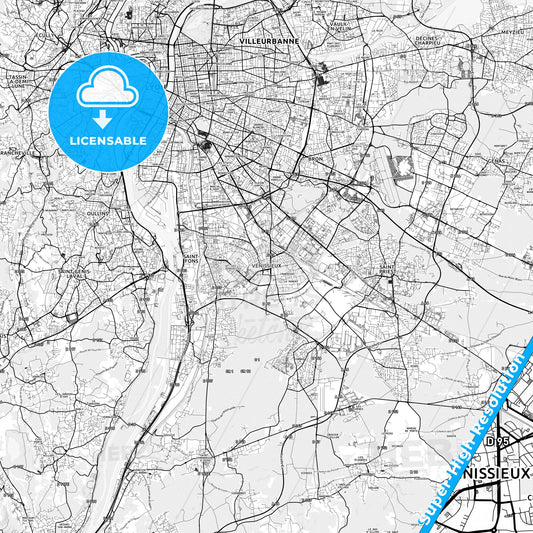 Vénissieux, France light map with streetnames, citynames and districts
