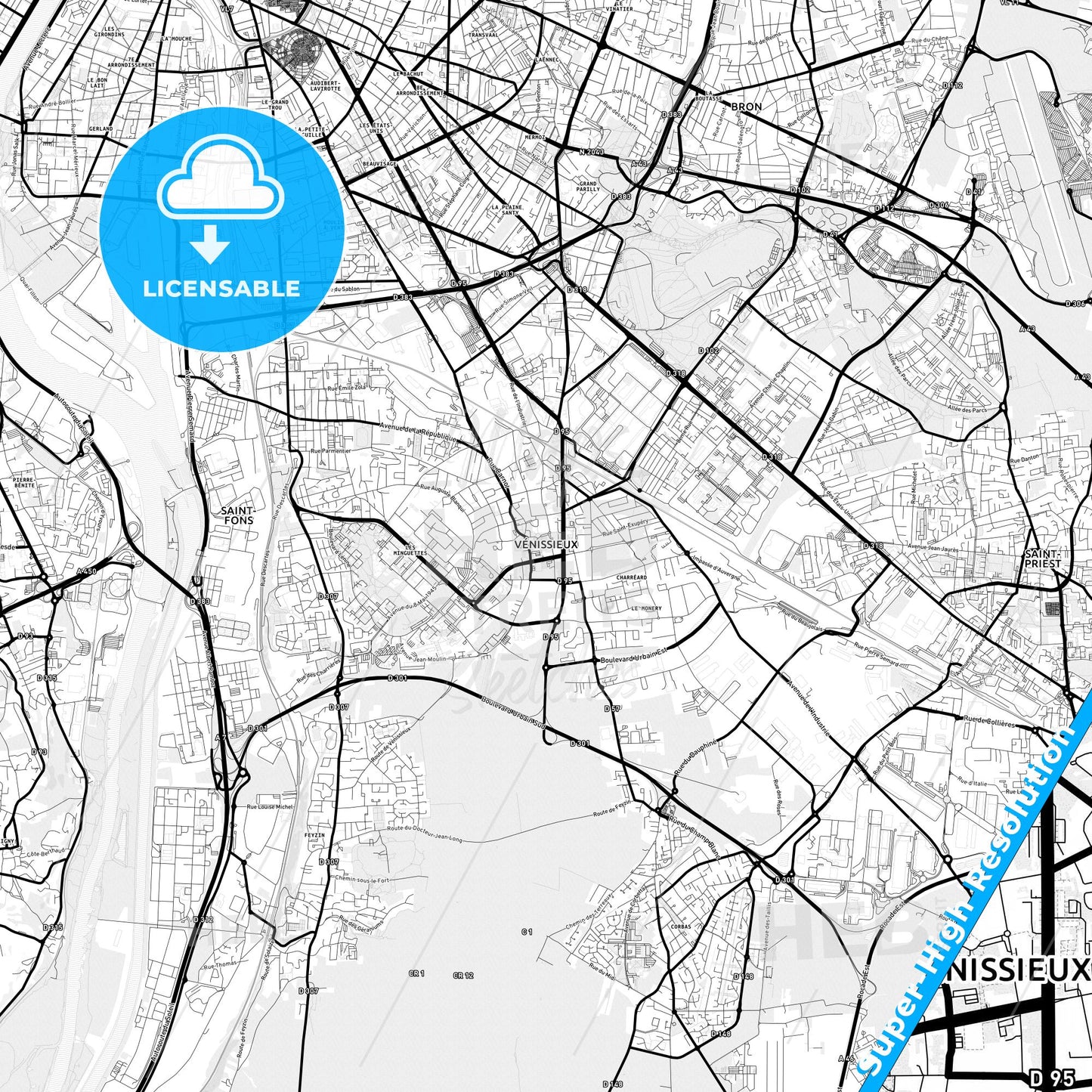 Vénissieux, France Light Map with Street Names, City Names, and Districts