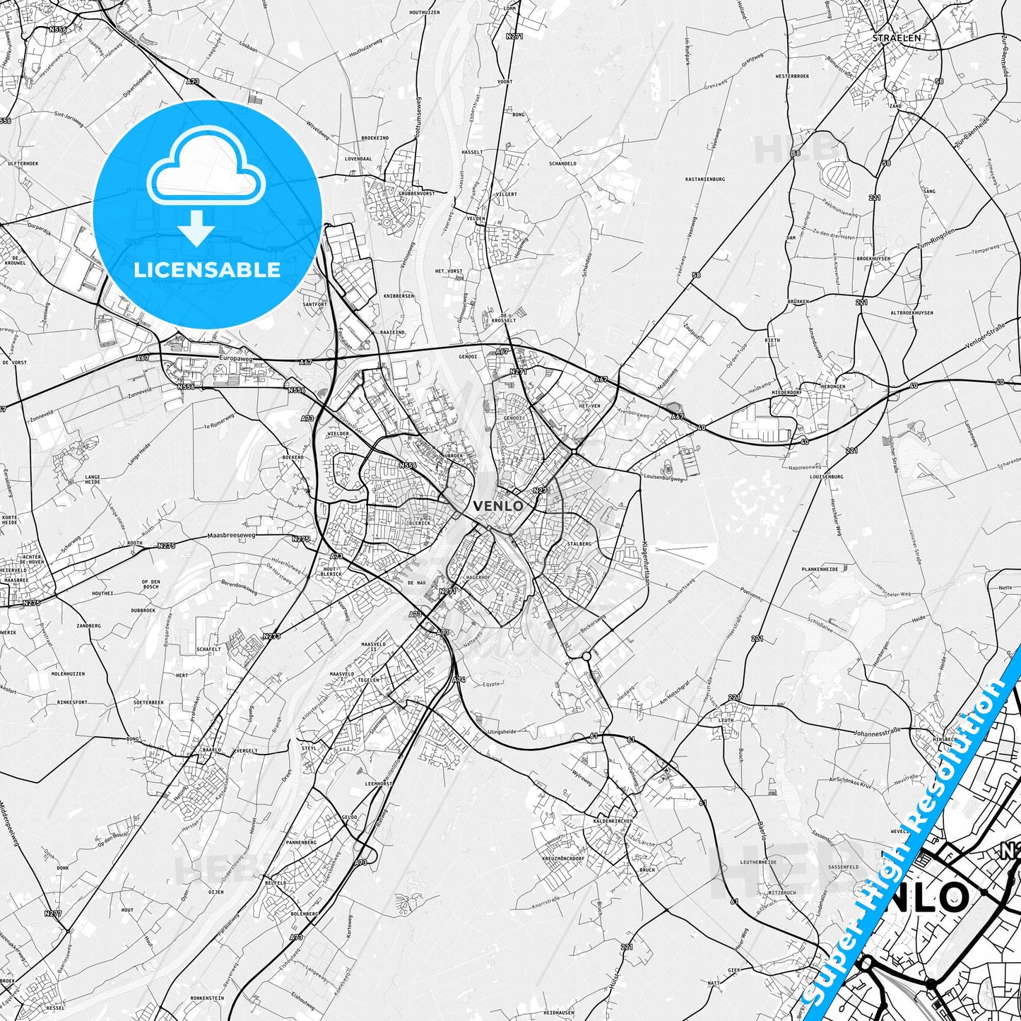 Venlo, Netherlands light map with streetnames, citynames and districts