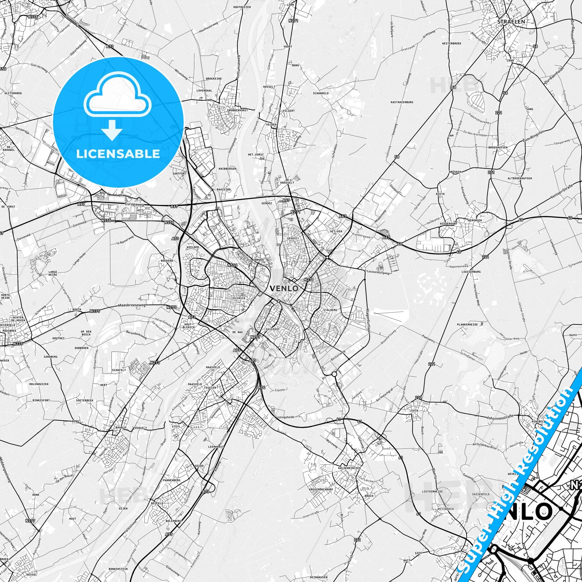 Venlo, Netherlands light map with streetnames, citynames and districts