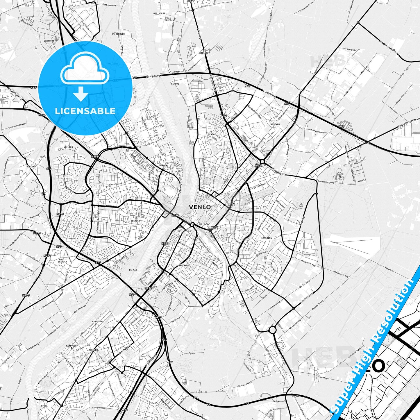 Venlo, Netherlands Light Map with Street Names, City Names, and Districts