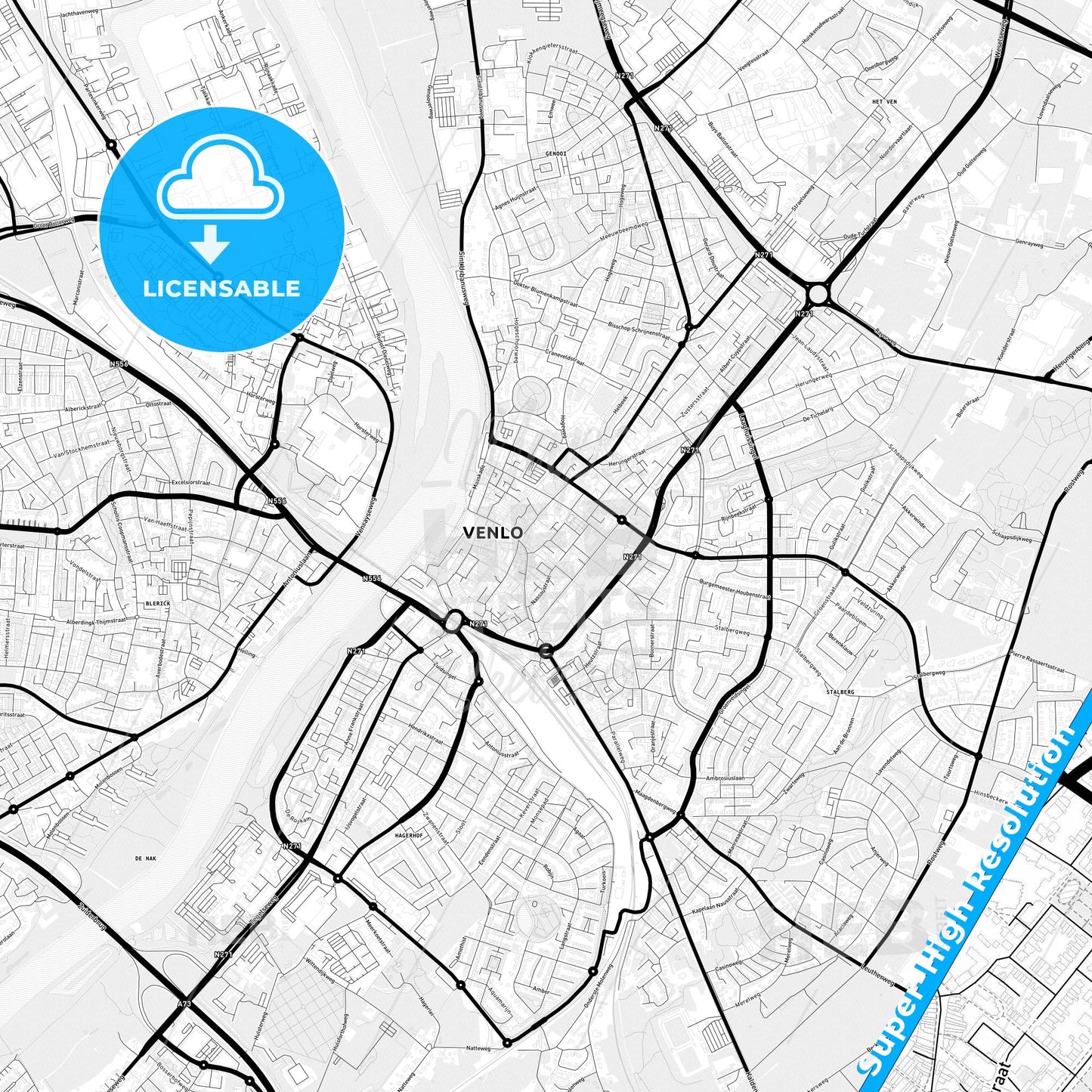 Venlo, Netherlands Light Map with Street Names, City Names, and Districts