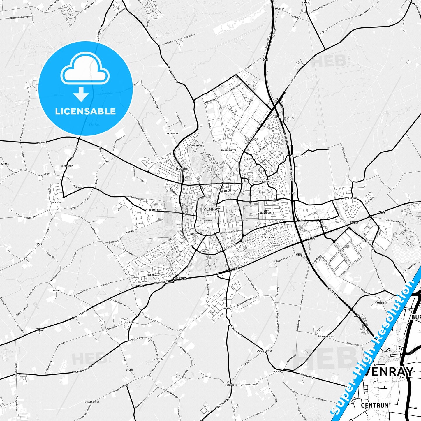 Venray, Netherlands Light Map with Street Names, City Names, and Districts