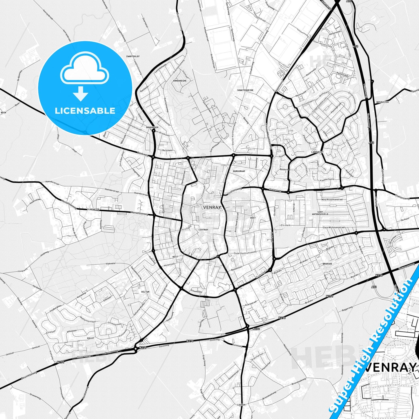 Venray, Netherlands Light Map with Street Names, City Names, and Districts