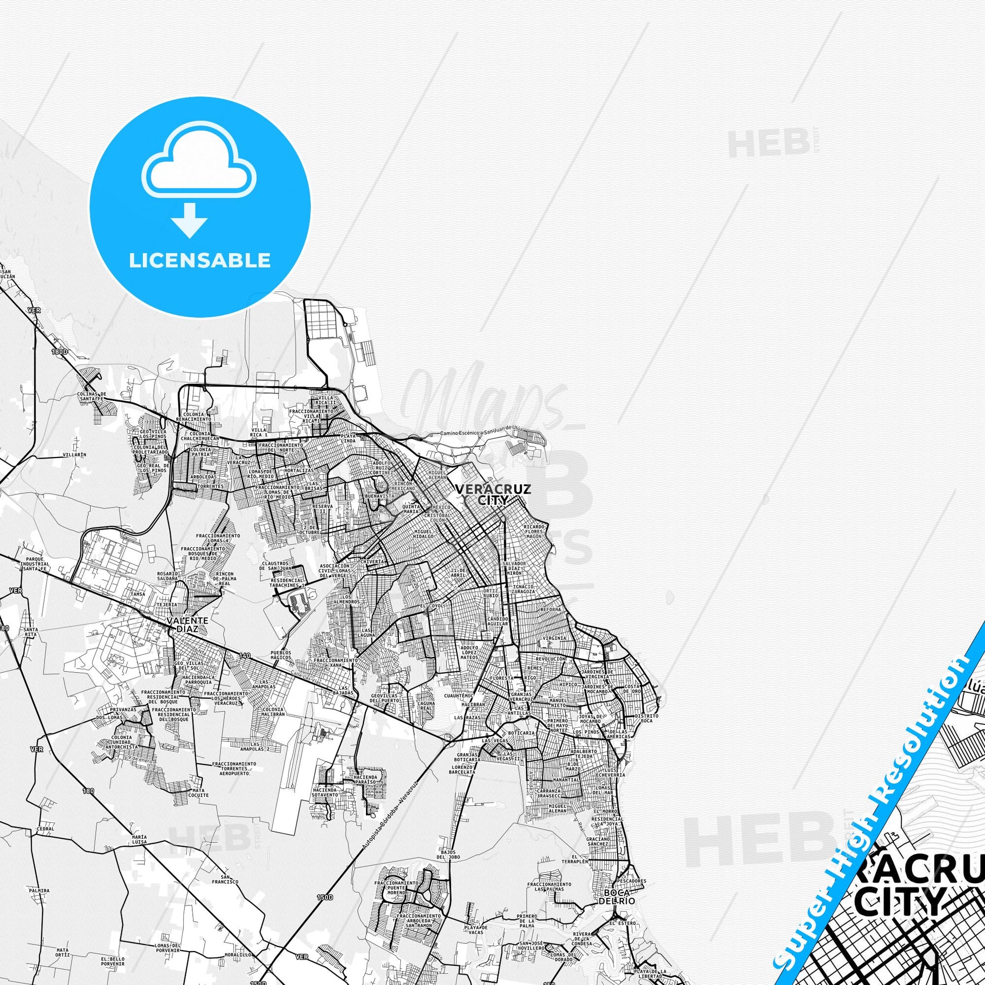 Veracruz, Mexico light map with streetnames, citynames and districts