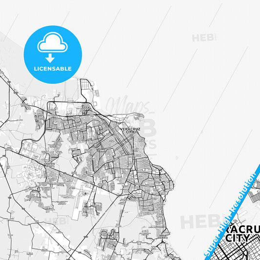 Veracruz, Mexico light map with streetnames, citynames and districts