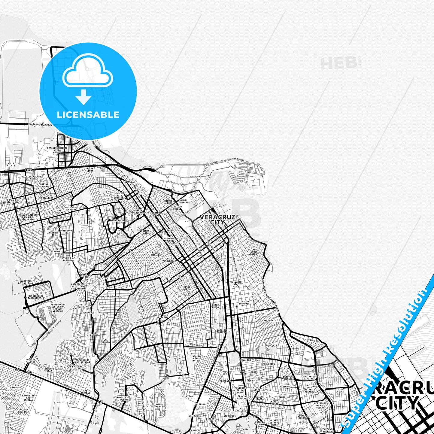 Veracruz, Mexico Light Map with Street Names, City Names, and Districts