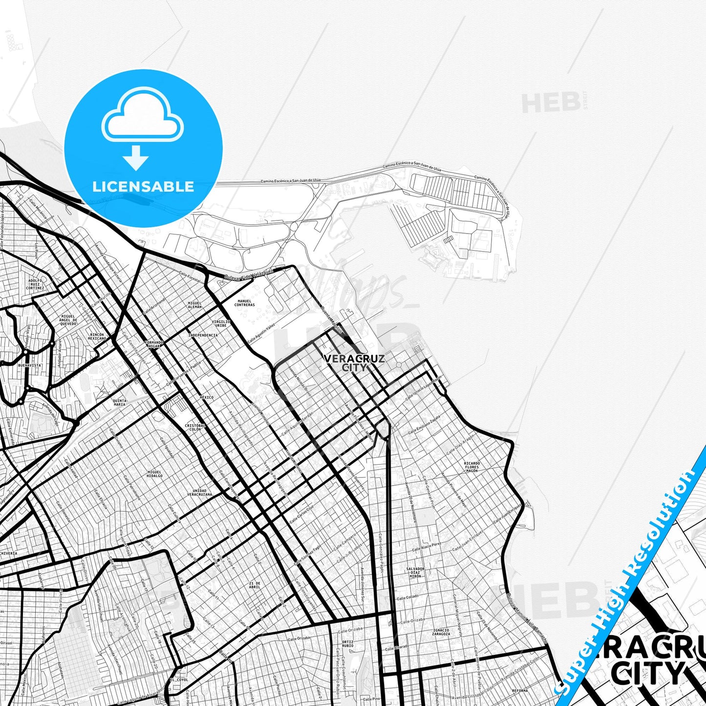 Veracruz, Mexico Light Map with Street Names, City Names, and Districts