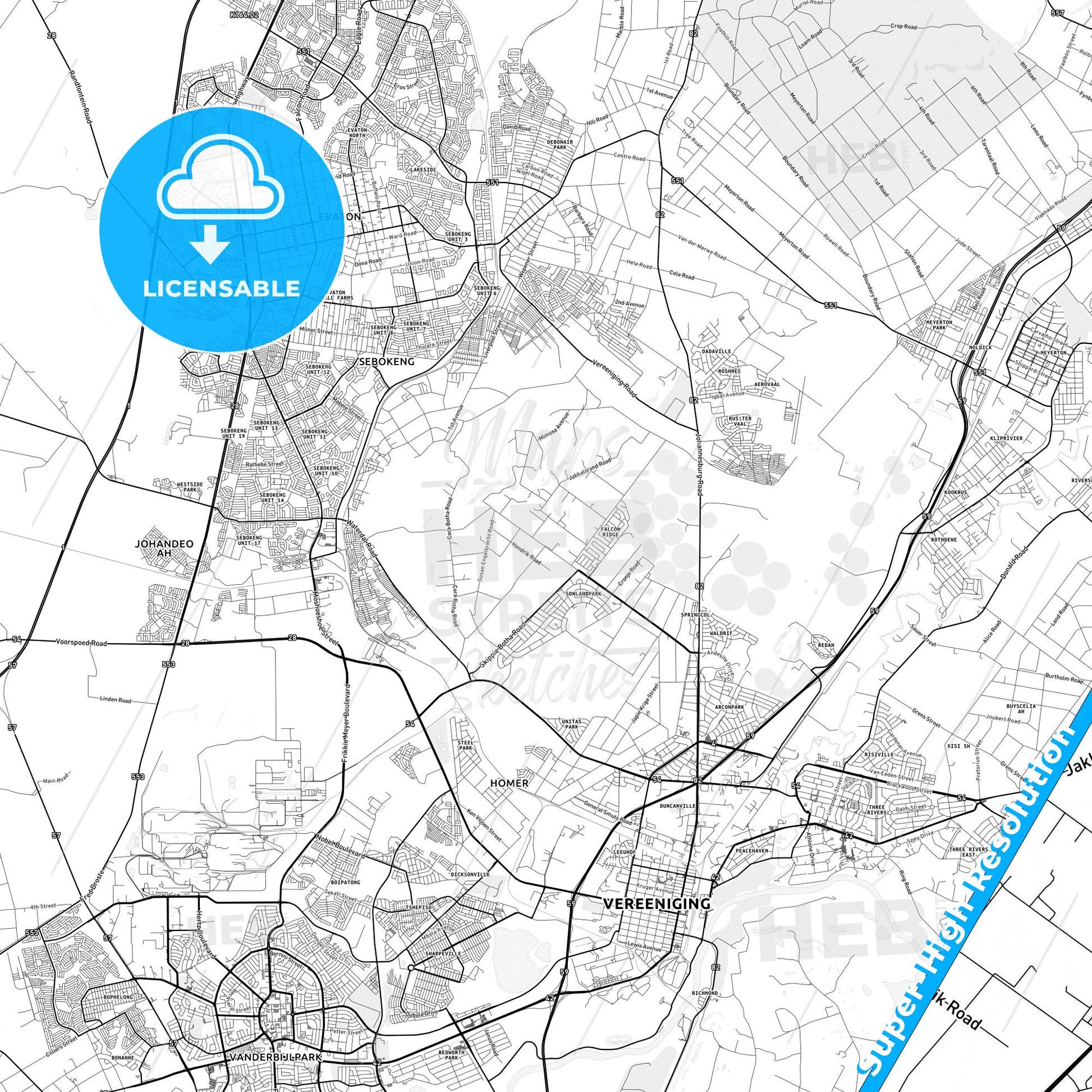 Vereeniging, South Africa light map with streetnames, citynames and districts