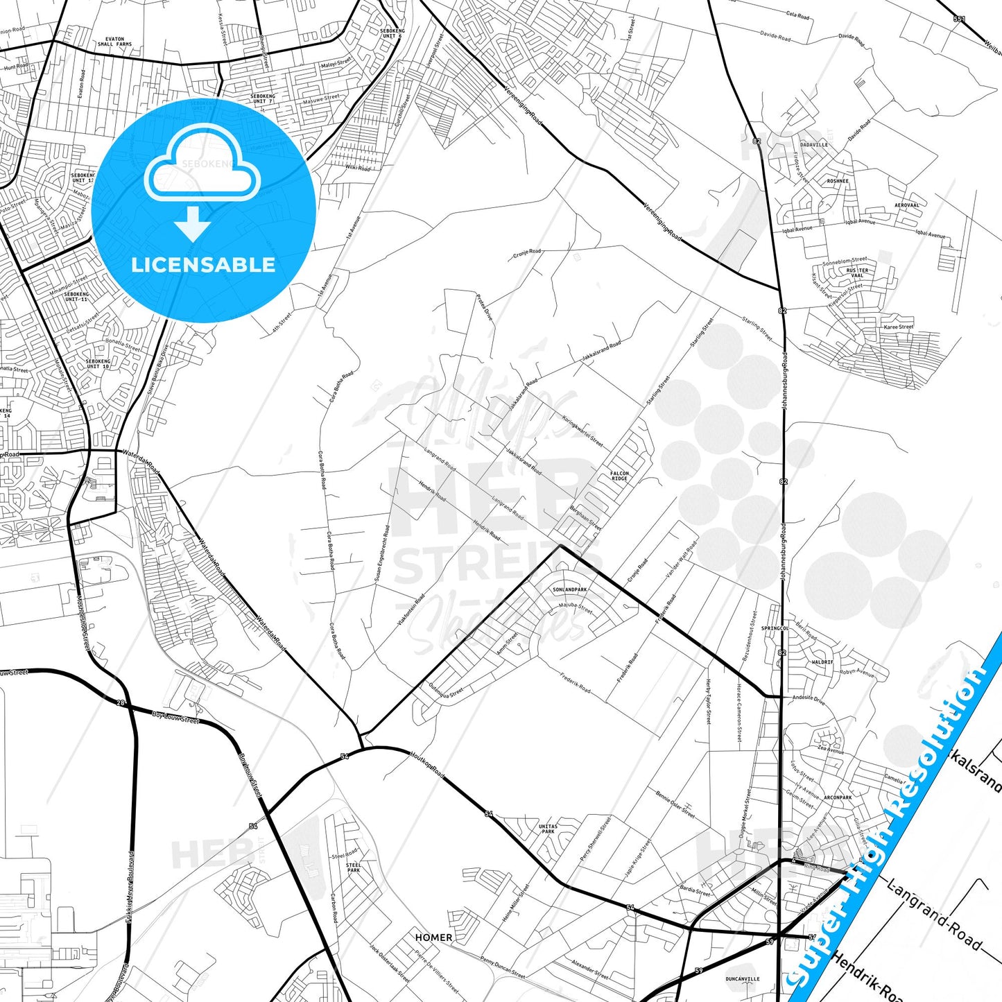 Vereeniging, South Africa Light Map with Street Names, City Names, and Districts