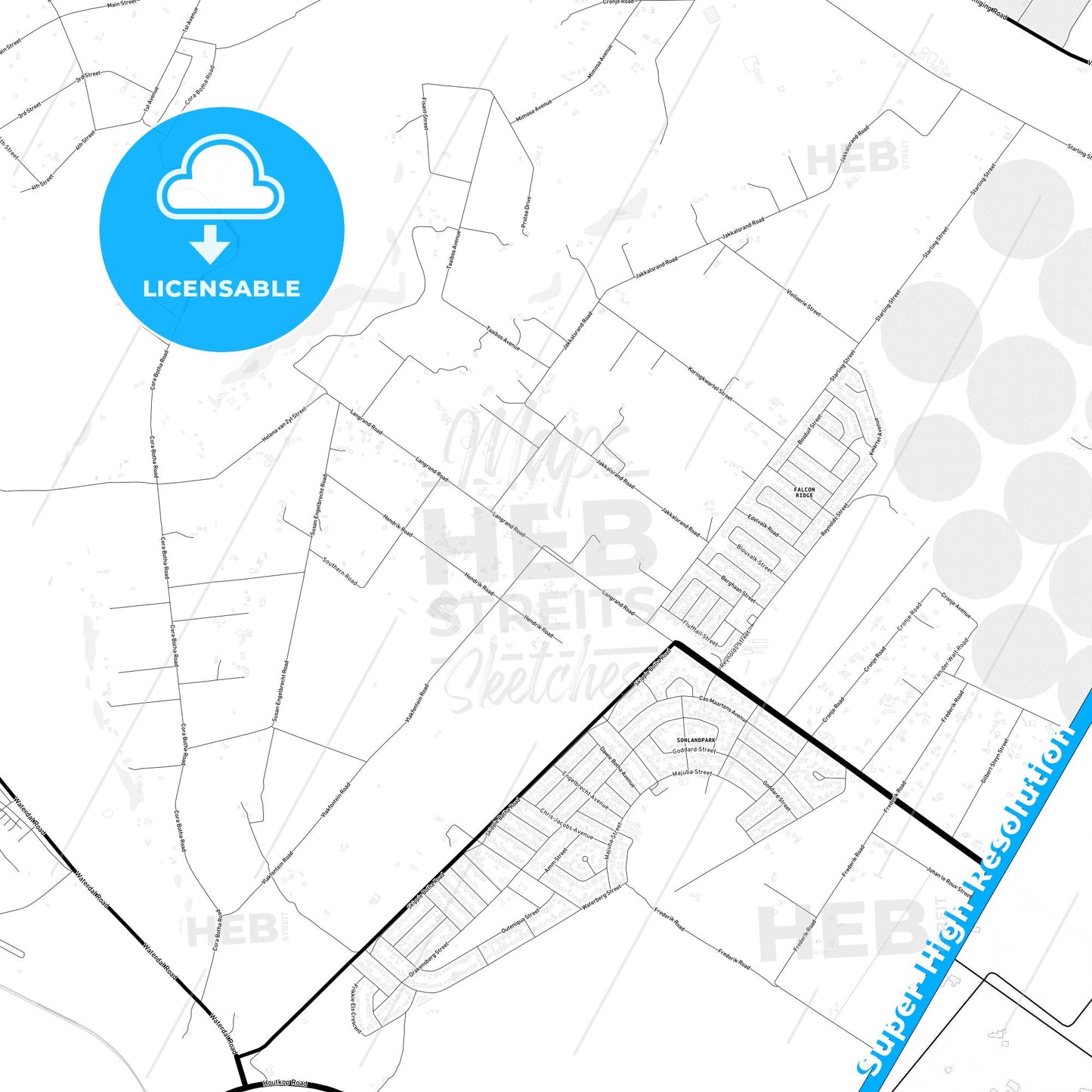 Vereeniging, South Africa Light Map with Street Names, City Names, and Districts