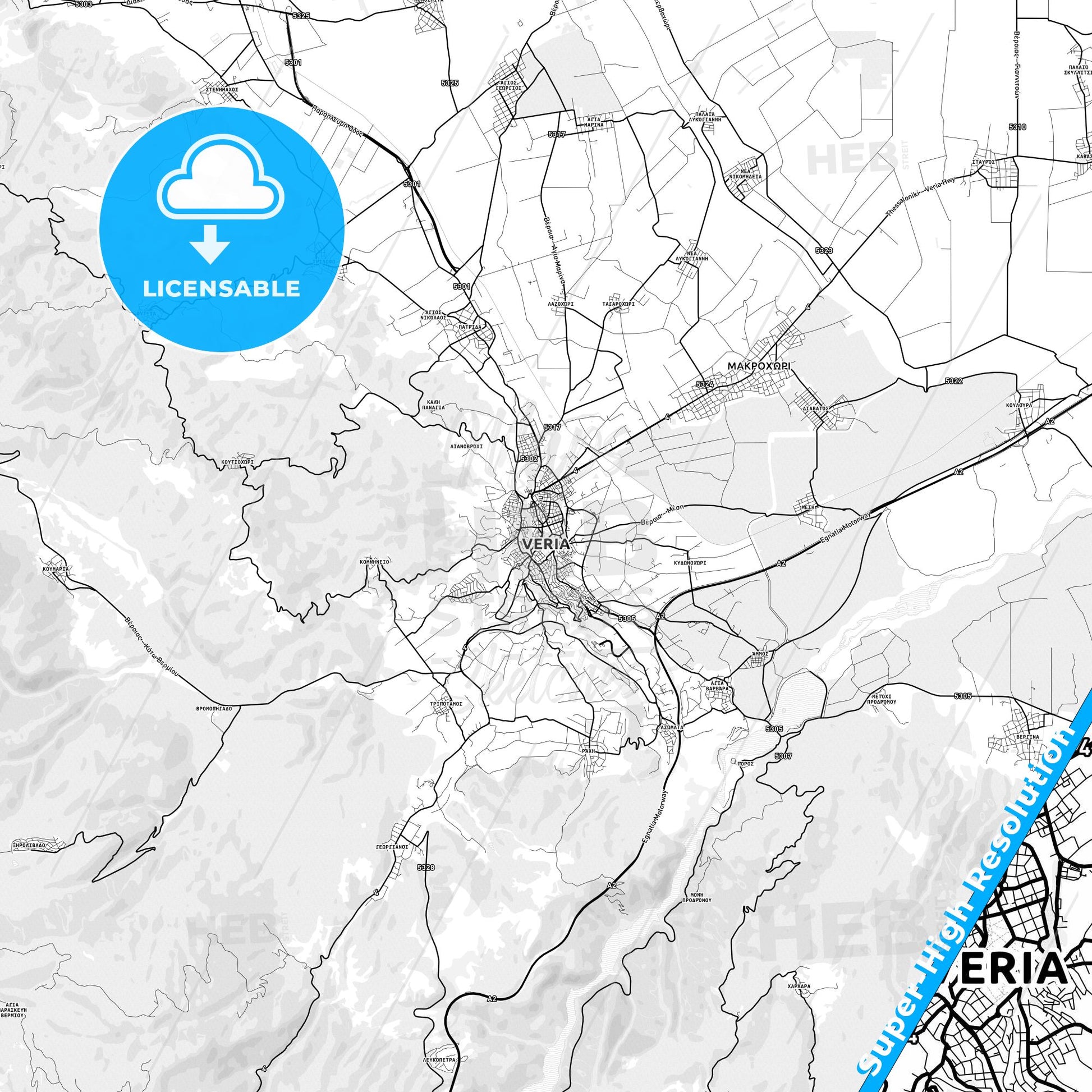 Veria, Greece light map with streetnames, citynames and districts