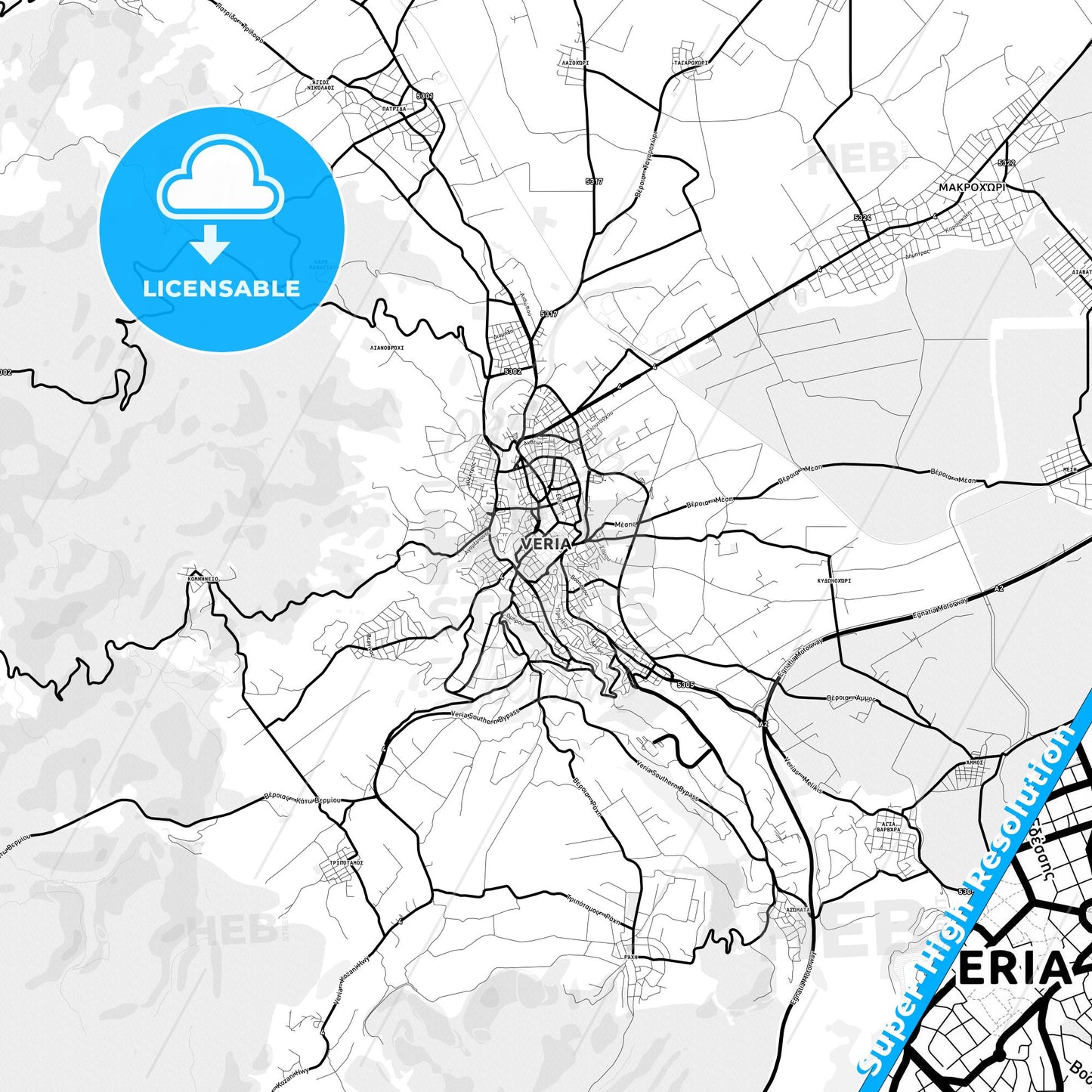 Veria, Greece Light Map with Street Names, City Names, and Districts